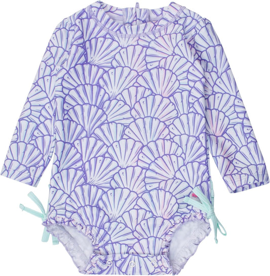 RuffleButts Baby Girls UPF 50+ Sun Protection Novelty Print Long Sleeve One Piece Rash Guard Swimsuit with Zipper