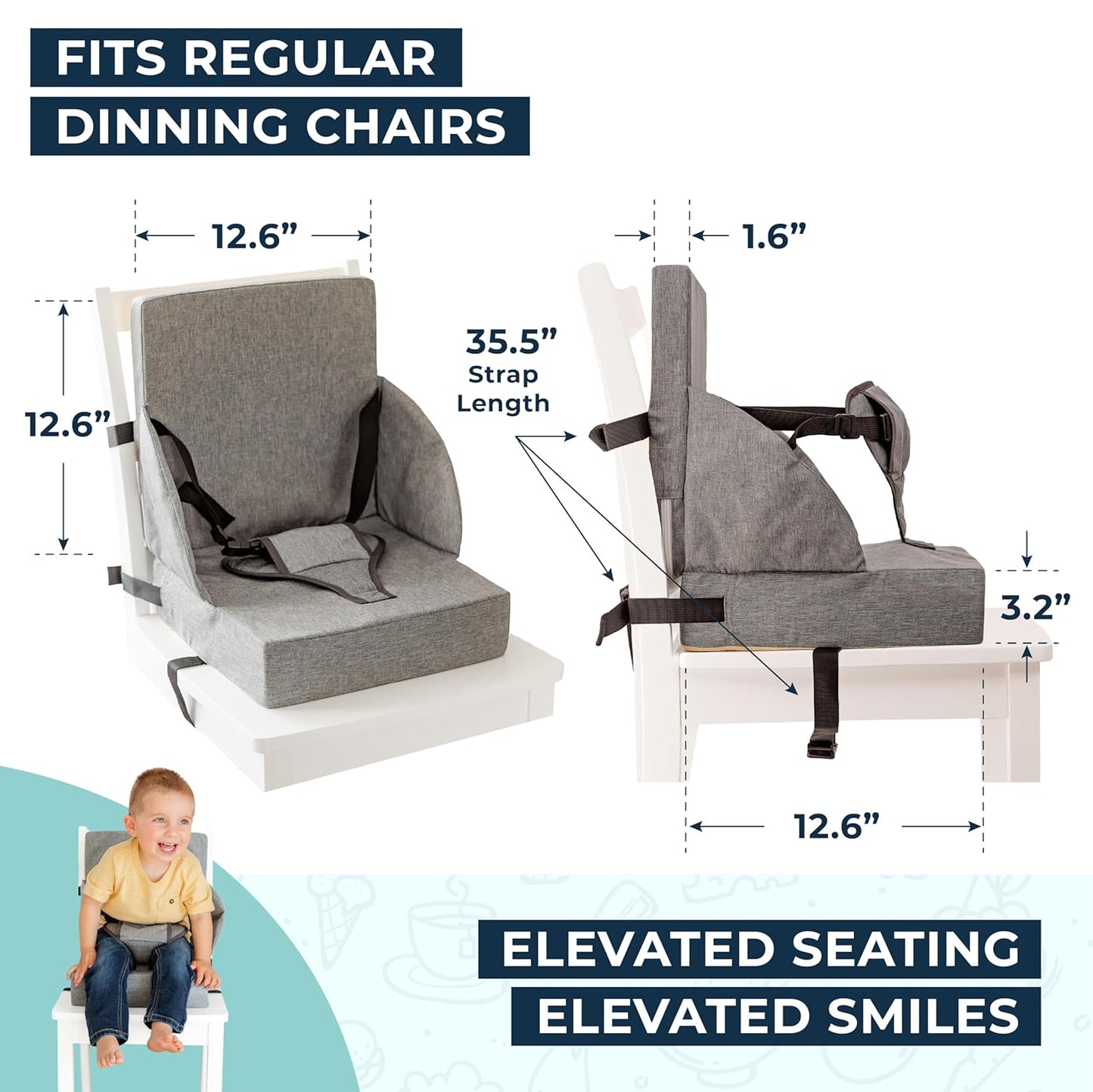 Toddler Booster Seat for Dining Table Kitchen Chair - High Portable Cushion Child Kids Seats, Restaurant Eating Chair with Adjustable Straps & Non-Slip Base