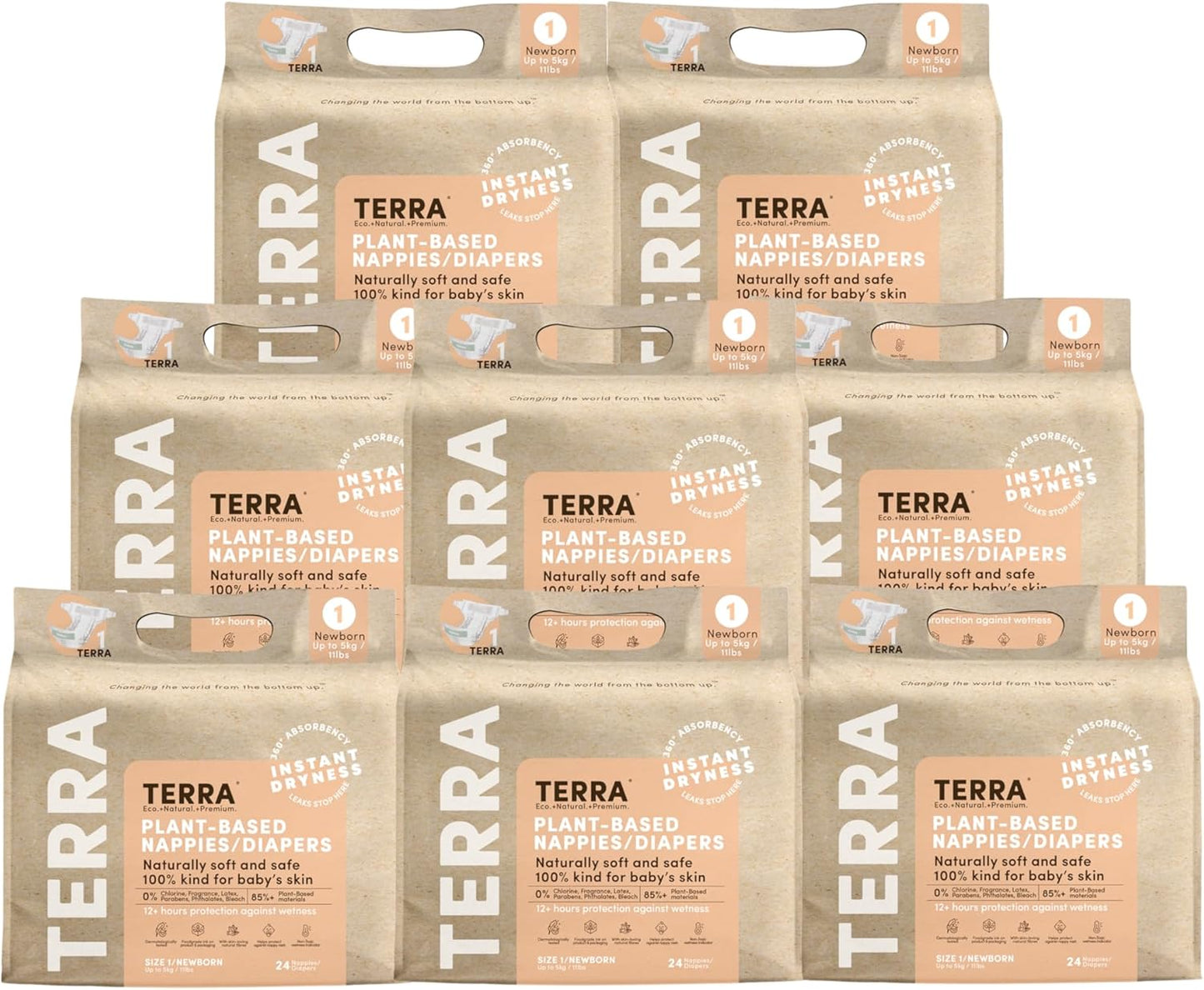 Terra Size 1 Newborn Diapers: 85% Plant-Based, Ultra-Soft & Chemical-Free for Sensitive Skin, Superior Absorbency for Day or Night, Designed for Newborns up to 11 Pounds, 192 Count