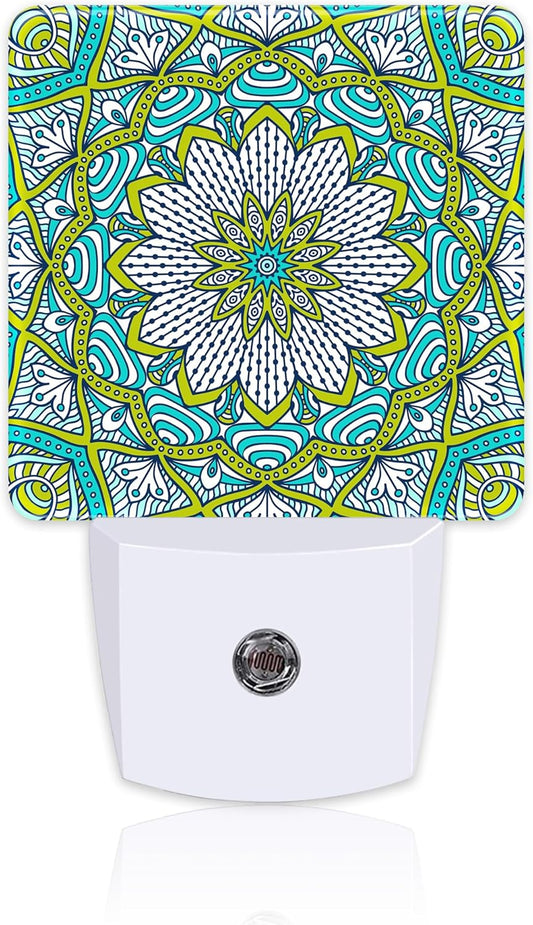 Vintage Mandala Flower Night Light Plug into Wall, Green Mandala Floral Dusk to Dawn Night Light,0.5w Energy Saving Sleep Friendly Nightlights for Kids Boys Girls Home Decor