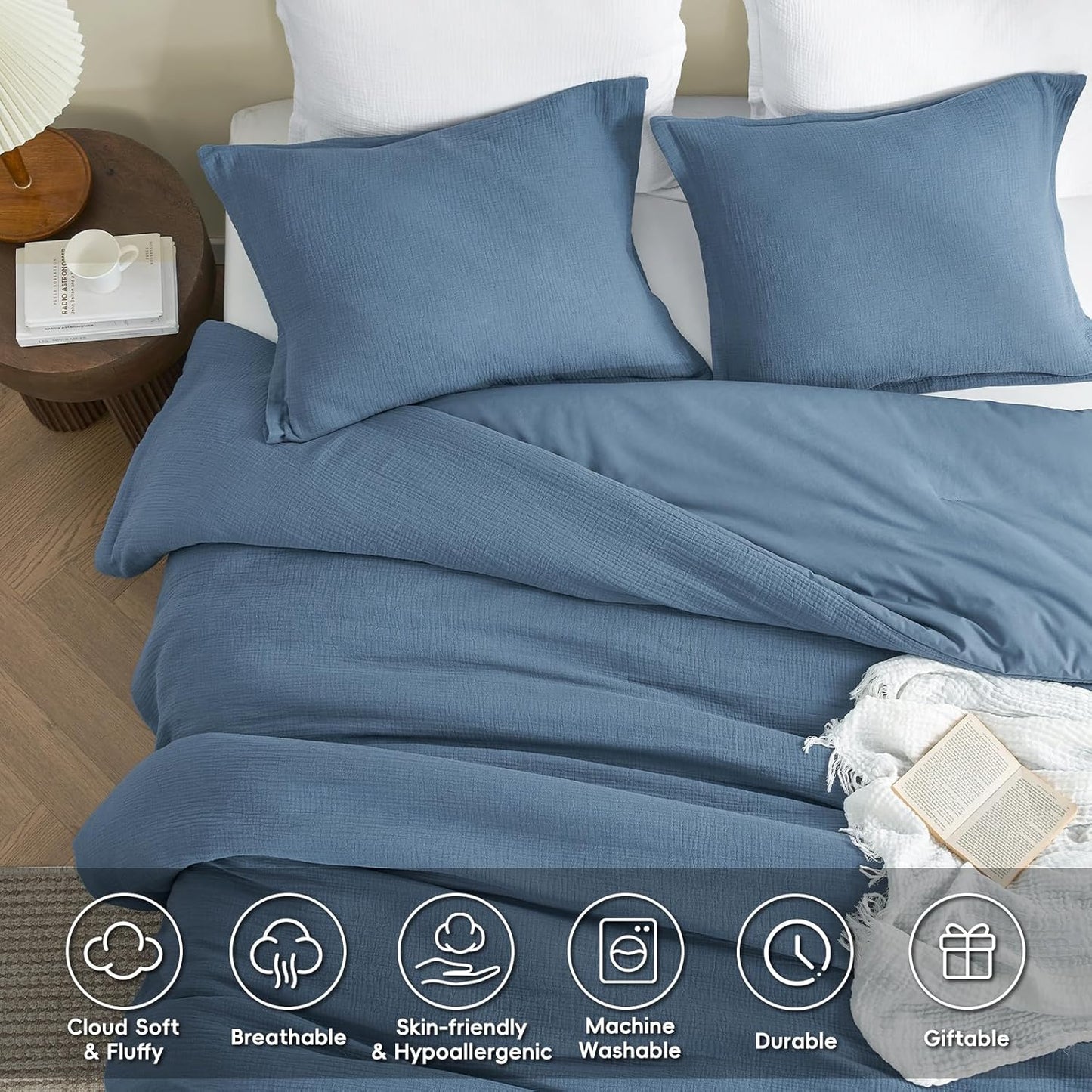PHF Cotton Muslin Comforter Set Queen Size – Ultra Soft, Breathable & Lightweight Bedding Set for All Seasons, 3 Pieces - 1 Comfy Comforter 90"x90", 2 Pillow Shams 20"x26", Captain's Blue
