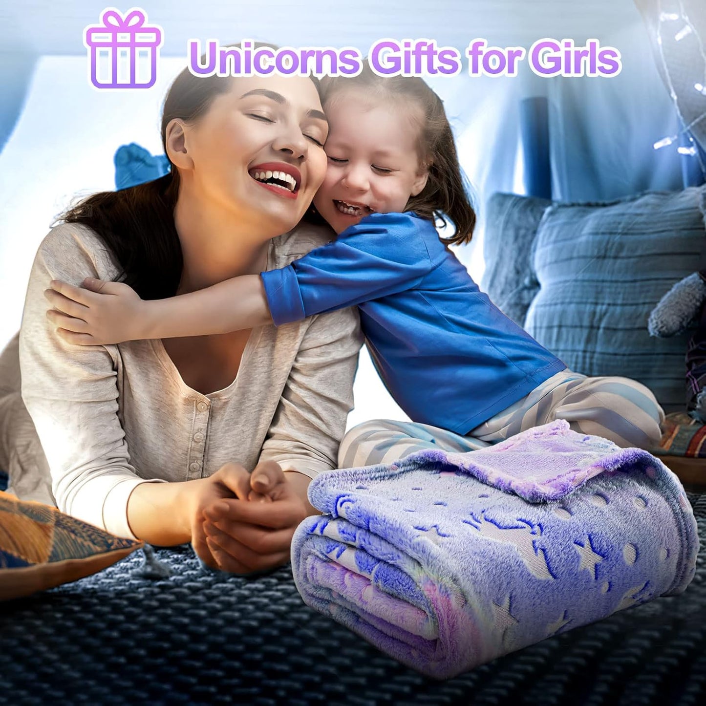 Unicorn Glow in the Dark Kids Blanket, 50"x60" Soft Fleece Throw for Girls Age 3-12