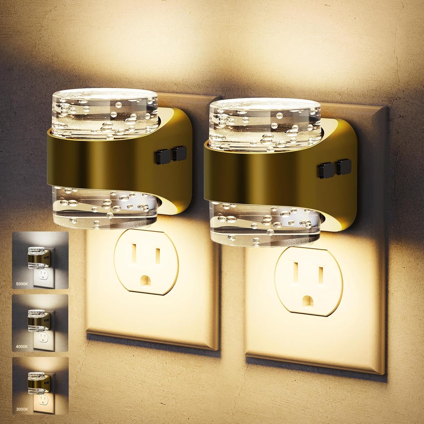 JandCase LED Night Light, Golden Bubble Night Lights Plug into Wall, [2 Pack]Night Light3000K/4000K/5000K & 3 Brightness Levels, Dimmable Nightlight with Dusk to Dawn Sensor for Bathroom Hallway