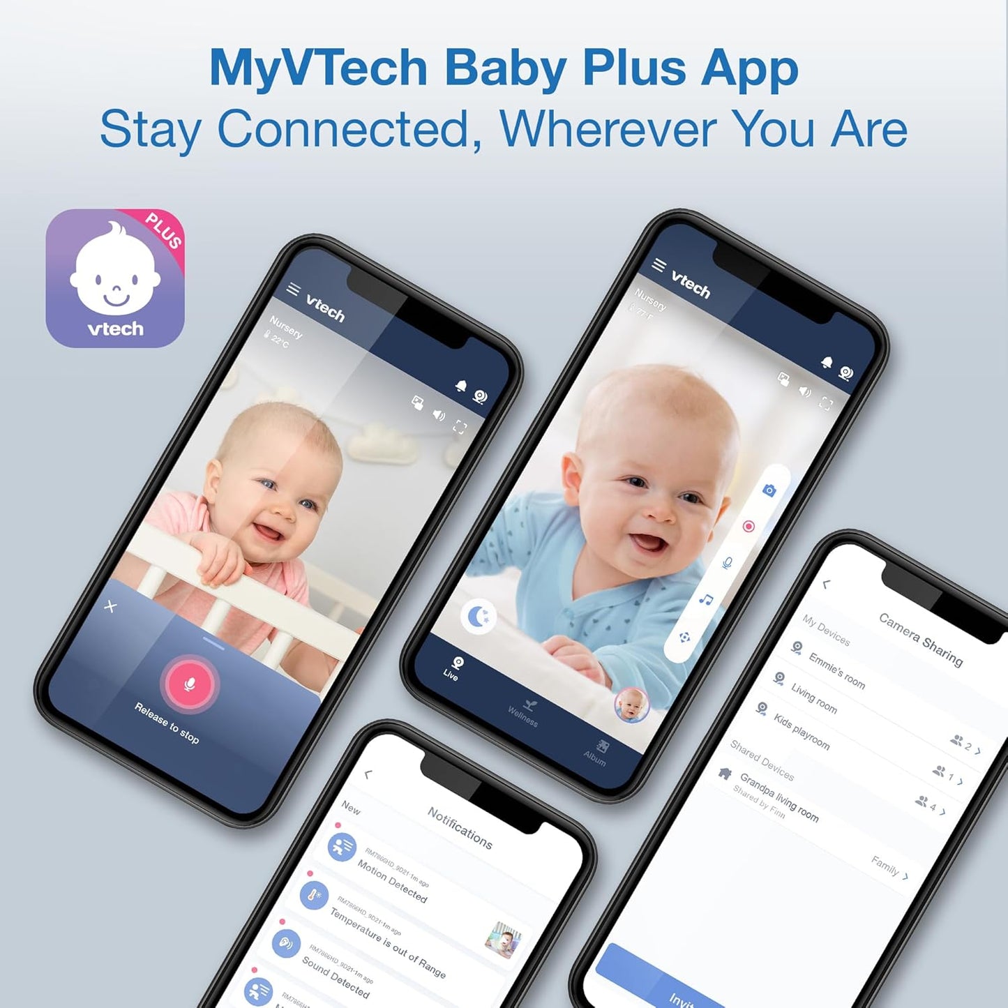 VTech Smart WiFi 7” HD Display Video Baby Monitor, 1080p HD Camera via App, Pan-Tilt-Zoom, Night Light, 2-Way Talk, 2K CMOS Video Sensor, Wide-Angle Viewing, Rechargeable Battery, Free App: RM7866HD