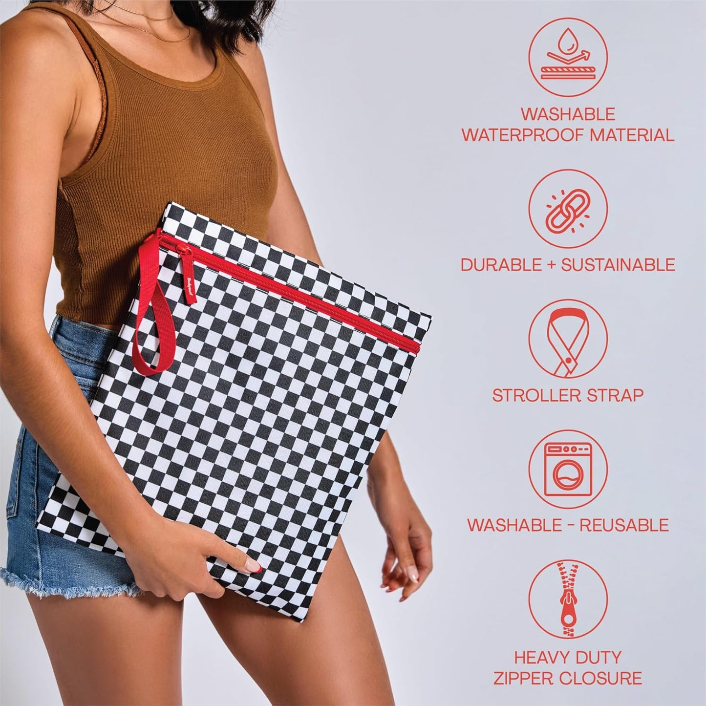 Bodysurf Wet Bags for Baby, Toddlers, Kids – 2 Pack Large Reusable Wetbag for Swimsuits, Diapers, Daycare, Gym, Laundry – Waterproof Diaper Bag Accessory & Baby Travel Essentials (Checkered, Black)