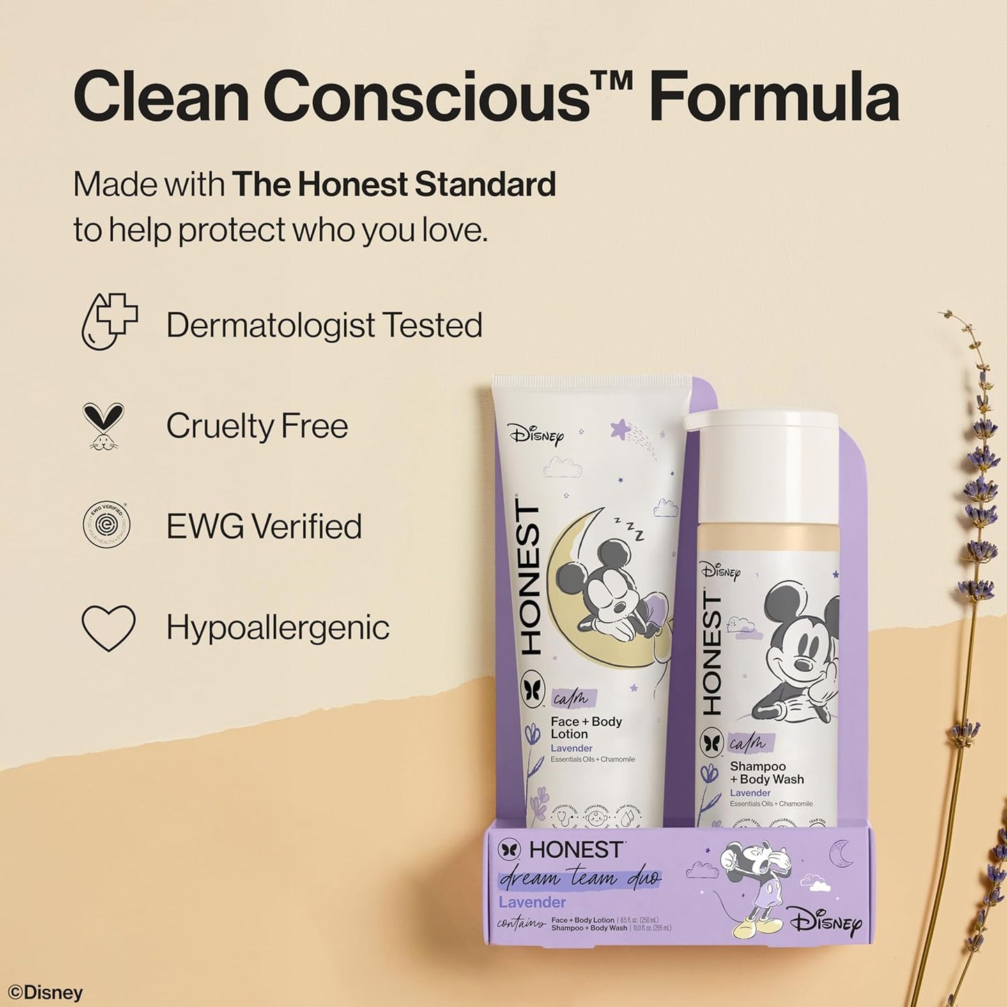The Honest Company 2-in-1 Cleansing Shampoo and Body Wash and Face and Body Lotion Bundle and Disney Design Gentle Enough for Baby Dermatologist Tested Calm Lavender 18.5 fl oz