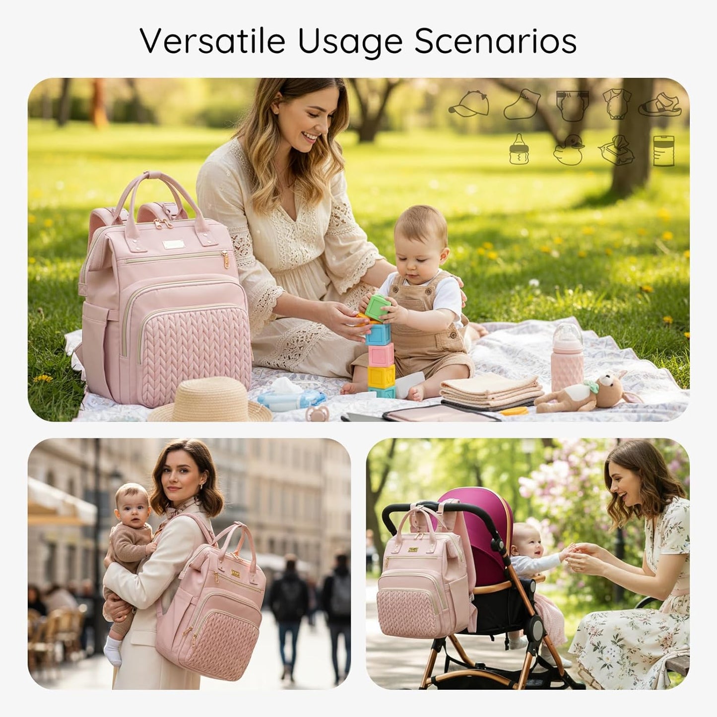 AIJIEKE Diaper Bag, Large Wide-Open Baby Diaper Backpack, Multi-functional Baby Travel Tote Bag, Diaper Bag with Changing Pad, Diaper Bags for Mom & Maternity (Pink)