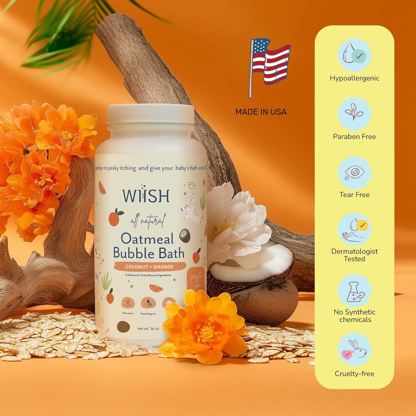 WIISH Baby Oatmeal Bubble Bath - Baby Bubble Bath for Sensitive Skin with 30% Colloidal Oatmeal | Orange + Coconut | Healing Ingredient, Soothing Itchiness, Rashes, Dryness 16 oz(260g)