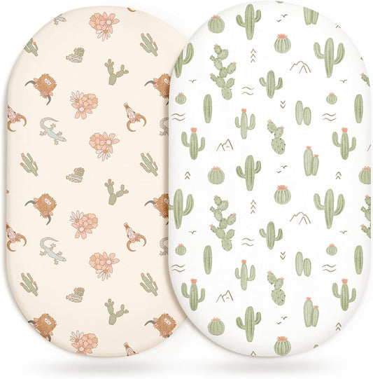 Bassinet Sheets for Baby Girls Boys 2 Pack, Fitted Baby Mattress Sheet for Rectangle, Oval, Hourglass Bassinet Mattress, Breathable Cozy & Universal Fit (Cactus Cozy)