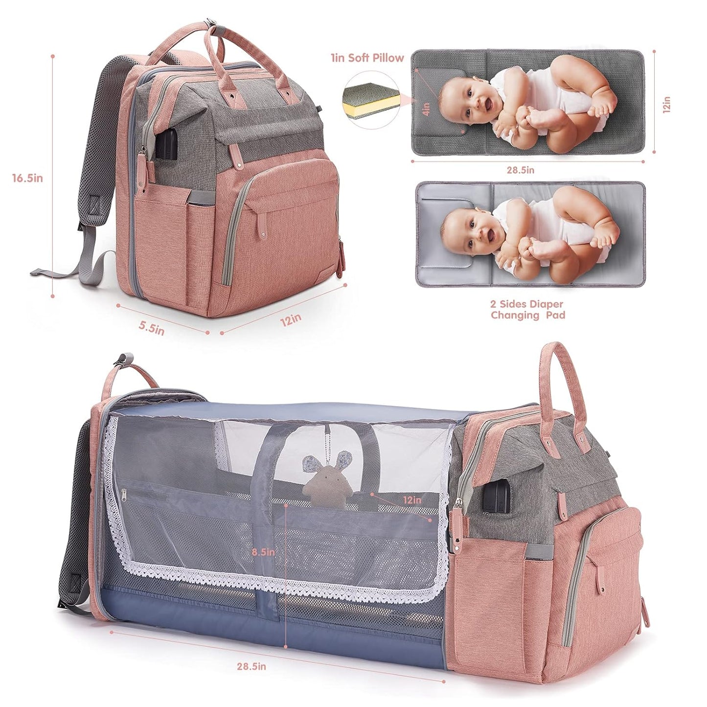 DERJUNSTAR Diaper Bag Backpack – Large Capacity Baby Diaper Bag with Changing Pad, Waterproof Travel Backpack for Boys & Girls, Multi-Function Baby Bag with USB Charging Port, Rose Pink
