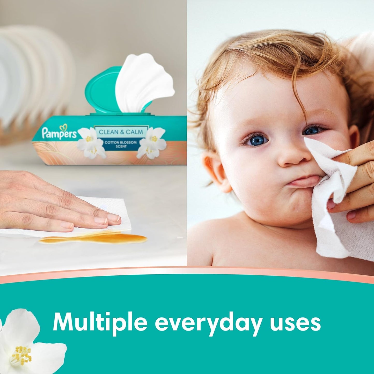 Pampers Wipes, Clean & Calm, Cotton Blossom Scent, 168 Wipes Total (3X Pop-Top Packs)
