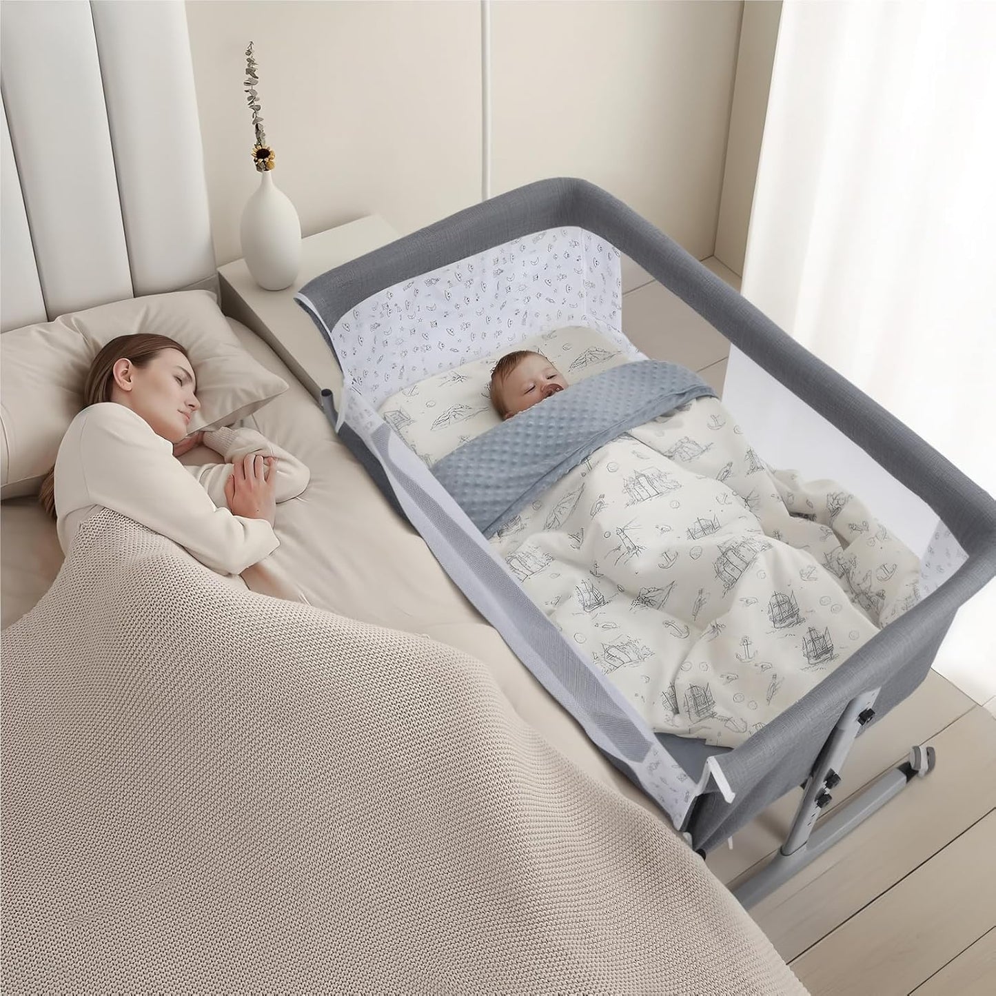 3 in 1 Baby Bassinet | Bedside Sleeper with Storage Basket and Wheels | Bedside Crib for Baby | Height Adjustable Bedside Bassinet Movable Beside Bassinet with Mosquito Net (Grey)