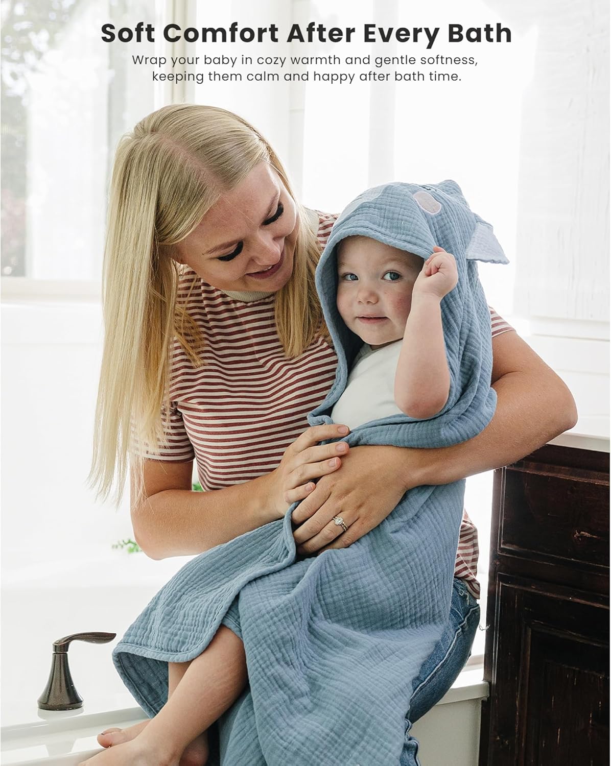 Konssy 2-Pack Muslin Baby Hooded Towels, 100% Cotton, Soft and Absorbent Baby Bath Towels for Newborn, Infant & Toddler with Animal Hooded Design(Elephant & Bear)