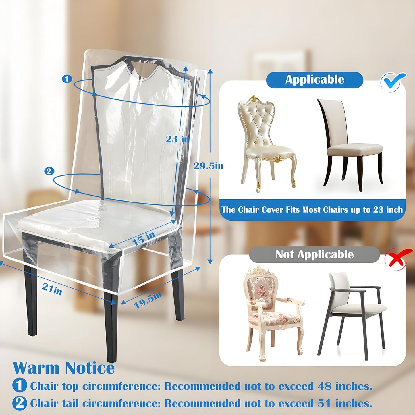 Dining Chair Covers, Waterproof Kitchen Chair Protectors,Clear Plastic Seat Chair Protector,Keep Your Chair Away from Water Dust Stain and Pet Claws W/21 x D/18(Fits 16-23",4 Pack)