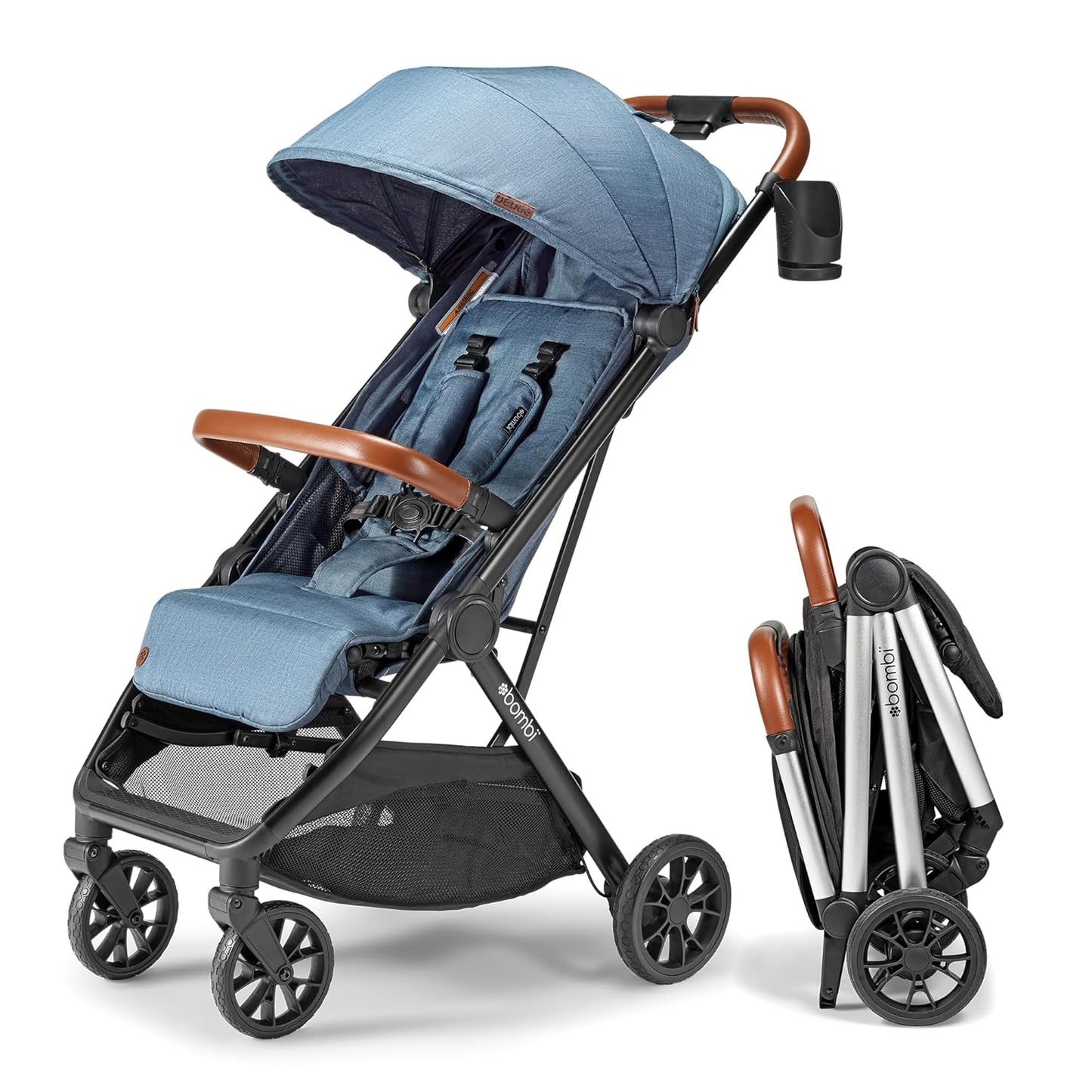 Bombi Bēbee V2 Lightweight Baby Stroller - Premium Vegan Leather, One-Hand Fold, Infinite Recline, Aircraft-Grade Aluminum Frame, XXL Canopy, and Ample Storage Umbrella Stroller - Storm Blue