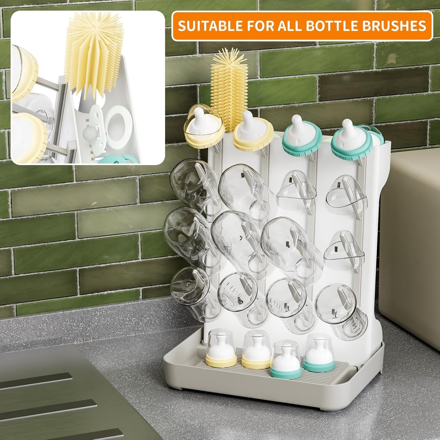 SuoXing Vertical Baby Bottle Drying Rack,Space Saving Countertop Baby Drying Rack for Bottles,Large Baby Bottle Station Stand,Bottle Rack Dryer for Brushes,Pacifiers,Baby Accessories Organizer,Grey