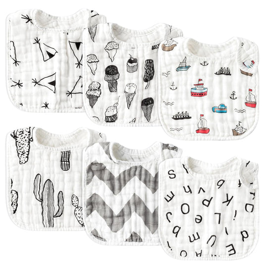 Zainpe 6Pcs Snap Muslin Cotton Baby Bibs Summer Ice Cream Pattern Infants Drool Bib Soft Absorbent Adjustable Burp Cloths Feeding Cloth for Newborns Girls Boys Toddlers Teething Eating 0 to 36 Months