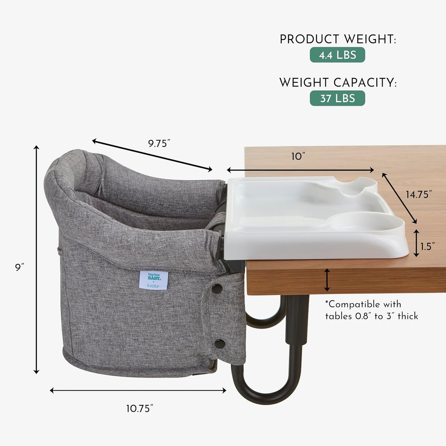 Evolur Clamp-On Comfort Table Chair | Removable & Washable Seat Cover, Dishwasher-Safe Tray, Foldable Design with Carry Bag | Portable High Chair for Babies & Toddlers (6–36 Months)