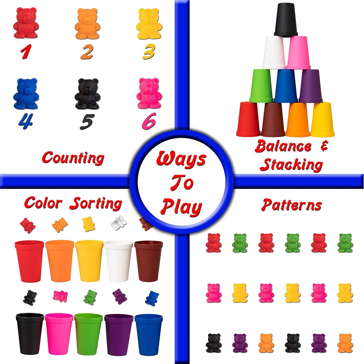 Colorful Counting Bears with Matching Cups - 100 Bears - Sort, Count & Color Recognition Learning Toy for Toddler & Kids - Montessori Education - Preschool Game