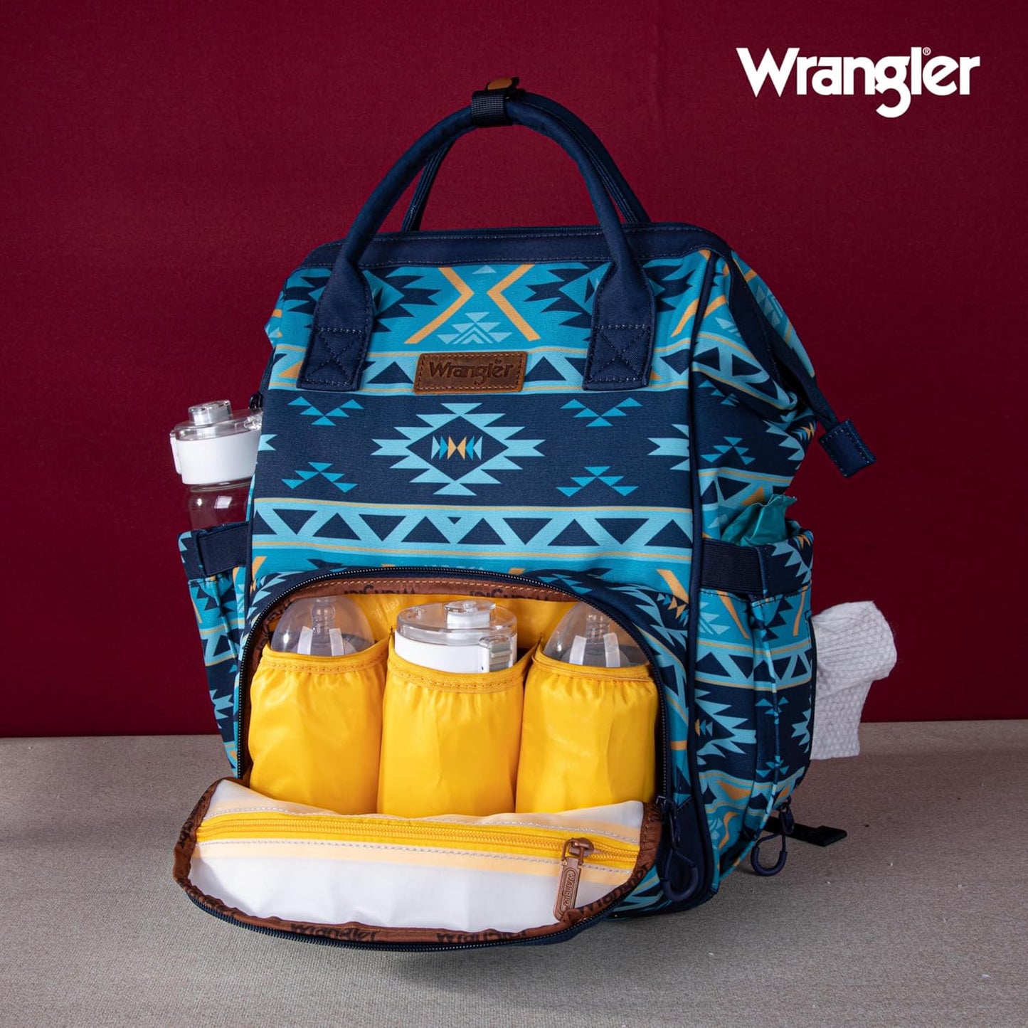 Montana West Wrangler Diaper Bag Backpack Aztec Travel Backpack Purses Western Multi-Function Baby Bags for Mom with Waterproof Insulated Pockets