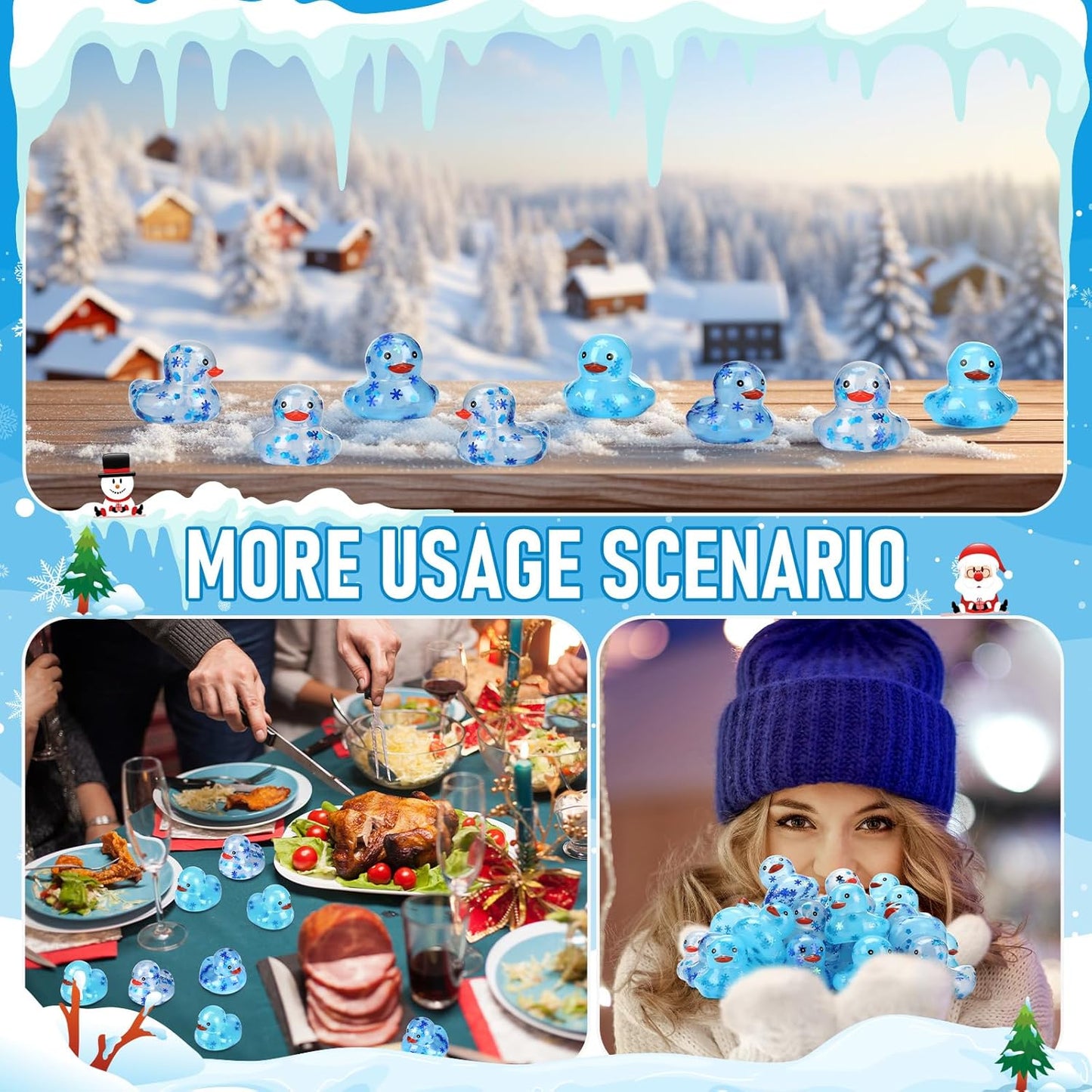 100 Pcs Winter Rubber Ducks Bulk Squeaky Floating Bath Snowflakes Duck Toys for Birthday Christmas Party Gifts Supplies Class Prizes Decorations Party Favors