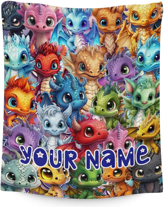 Custom Dragon Blanket Gifts with Name - 60x80 Inches Funny Throw Blanket for Babies, Kids, Boys & Girls - Colorful Soft Fuzzy Blankets for Couch, Sofa & Bed