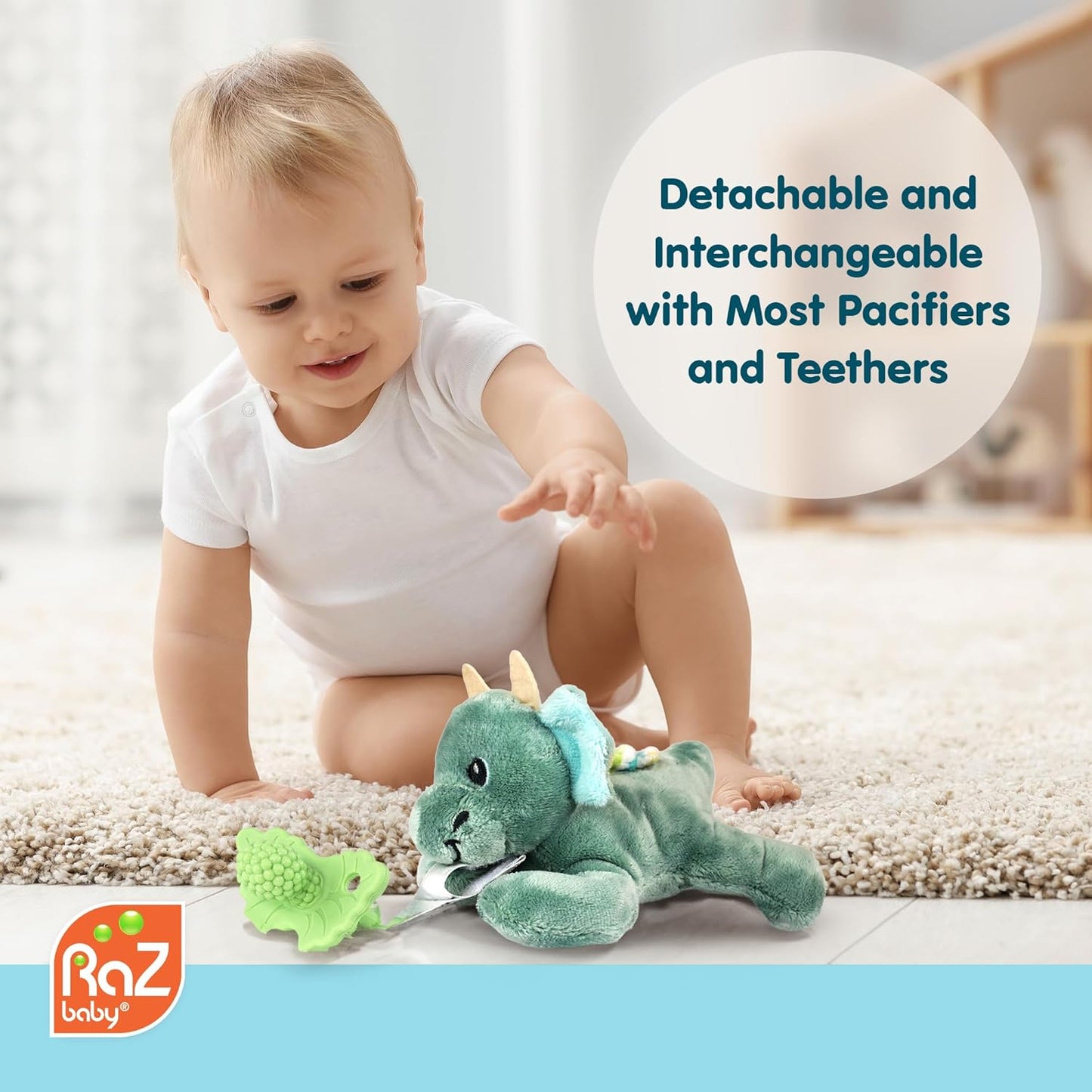 RaZbaby Dragon RaZbuddy w/RaZberry Teething Relief Pacifier – Soothes Sore Gums w/Nature-Inspired Texture, 100% BPA-Free Silicone Teether, Detachable Stuffed Animal – 3 Months+ Teether, Mint