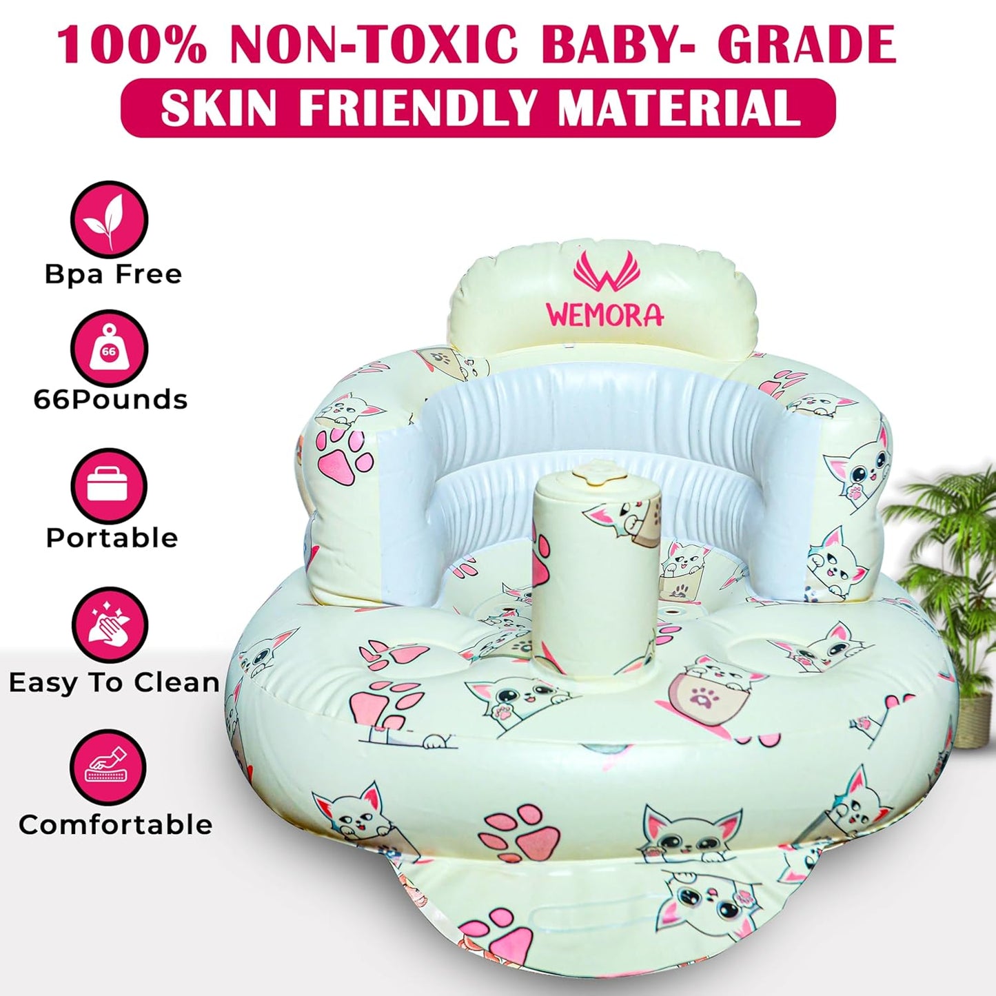 Inflatable Baby Seat for Babies 3-36 Months Blow Up Chair for Babies Infants Toddler Floor Sitting Up with Built in Air Pump (White, Cat)