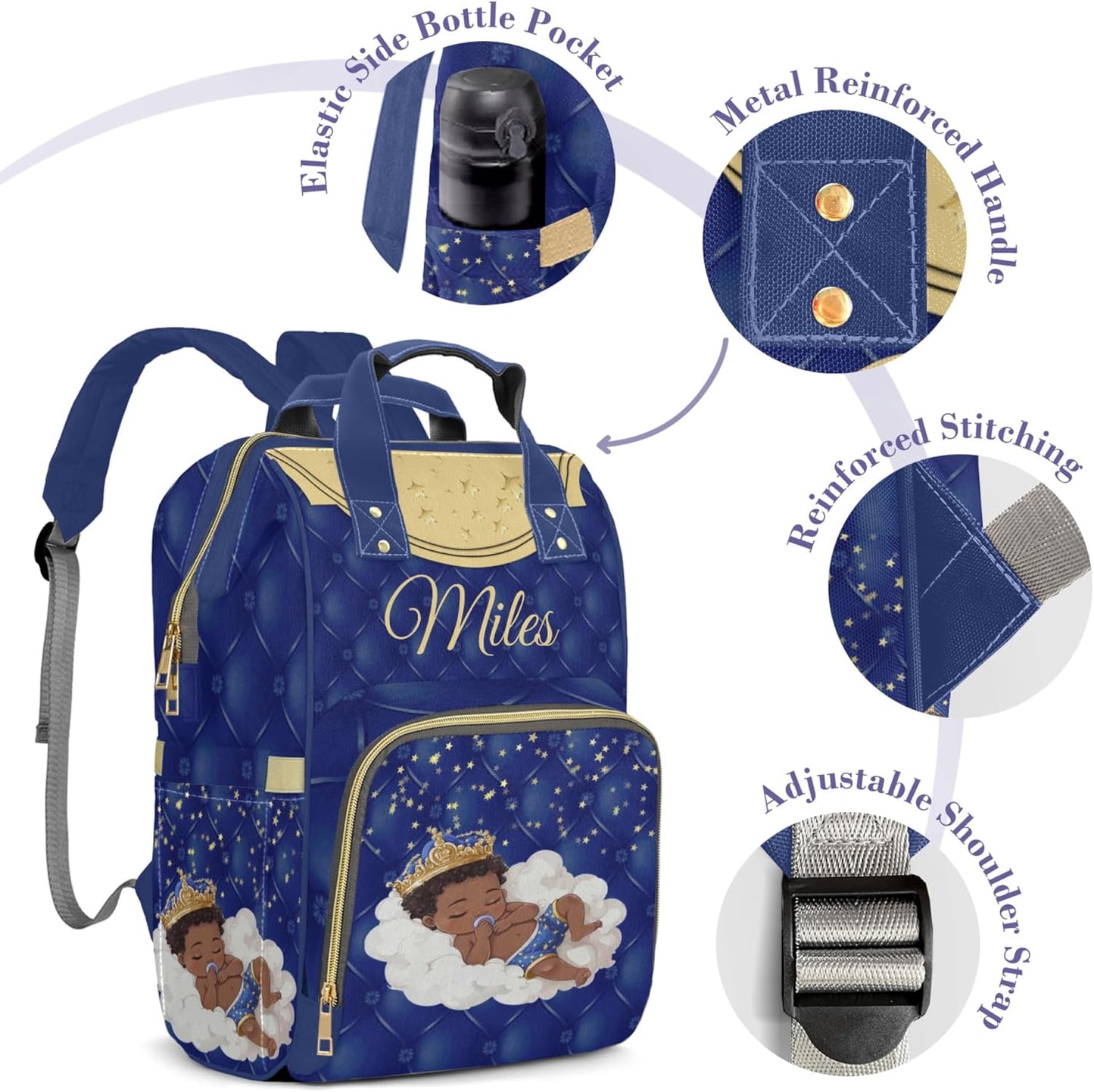 Personalized Diaper Bag for Baby Boys, Large Capacity Custom Diaper Bag with Name, Mom Bag Backpack, Waterproof, Adjustable Shoulder Straps Nappy Bag, Blue Crown