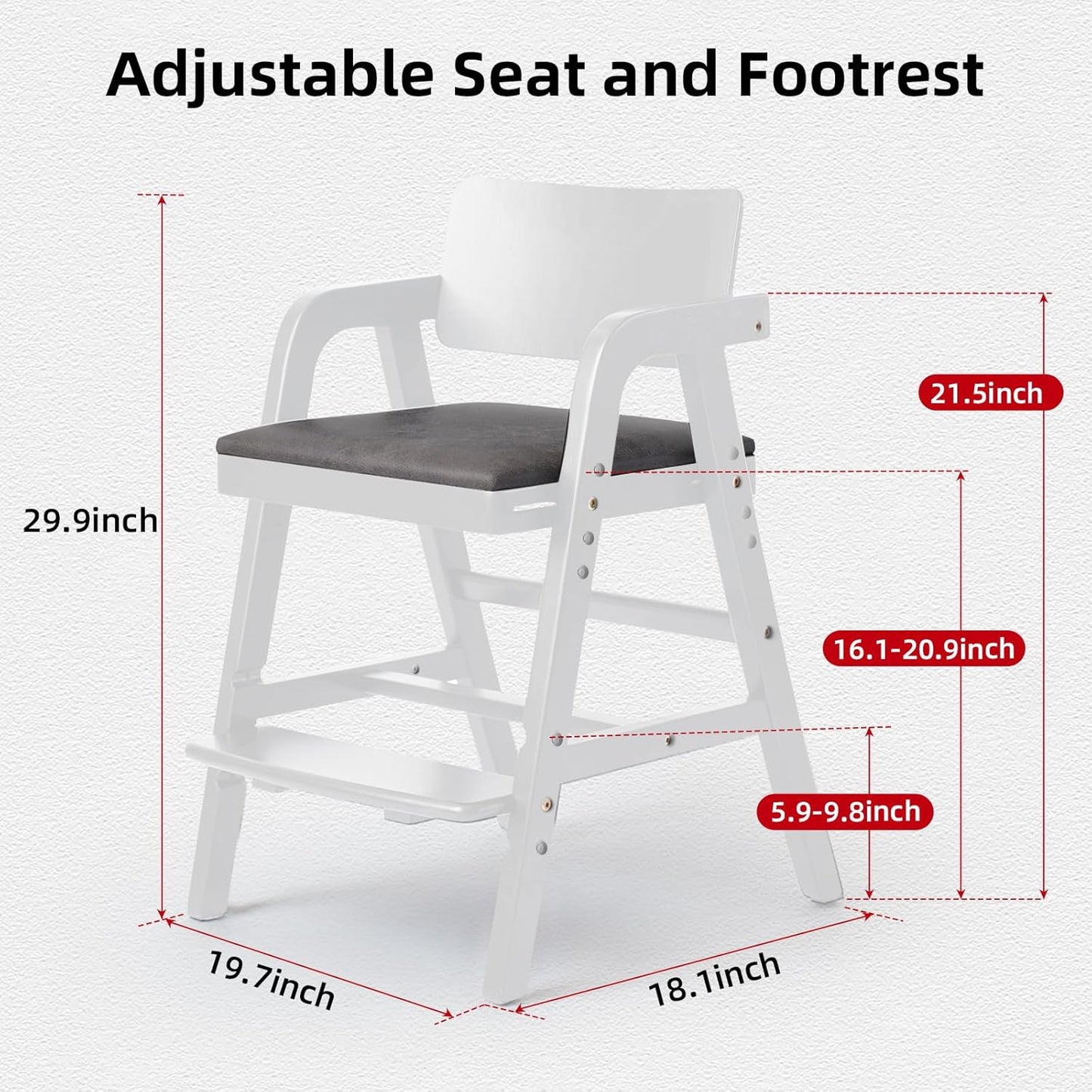 Wooden High Chair Baby Highchair, Portable HighChair for Babies & Toddlers, Adjustable and Convertible Kids Dining Chair with Removable Cushion, Easy to Clean, Water Resistant (White)