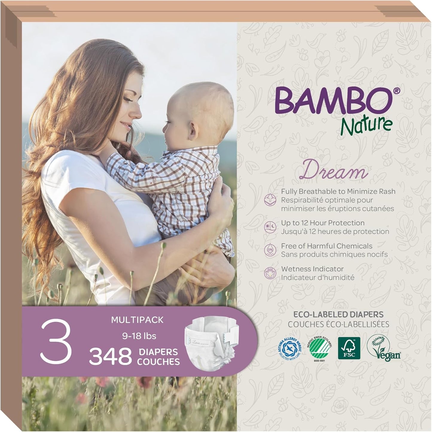 Bambo Nature Hypoallergenic Dream Baby Diapers, Premium Eco-Labeled Sustainable Diapers, Enhanced Leakage Protection, Totally Chlorine-free, Skin Friendly, and Super Absorbent - Size 3 (348 Count)