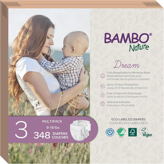 Bambo Nature Hypoallergenic Dream Baby Diapers, Premium Eco-Labeled Sustainable Diapers, Enhanced Leakage Protection, Totally Chlorine-free, Skin Friendly, and Super Absorbent - Size 3 (348 Count)