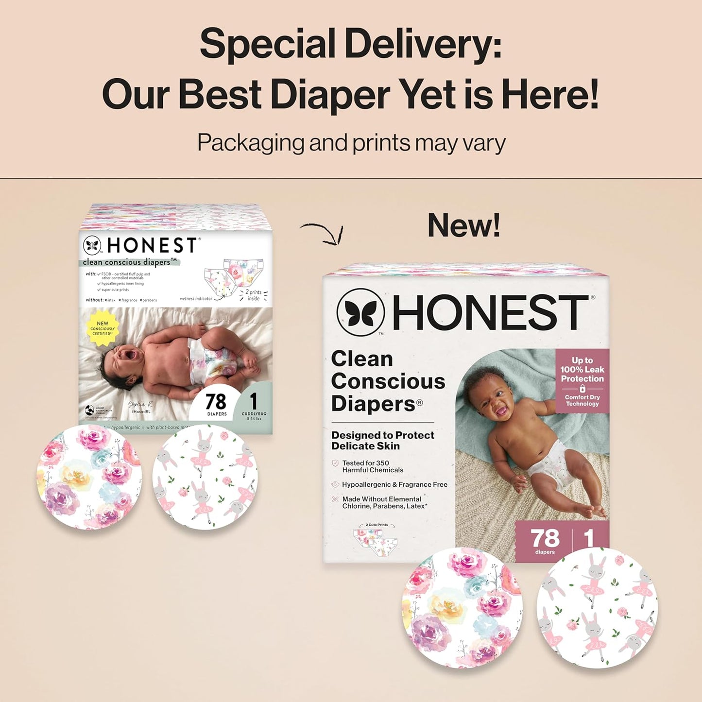 The Honest Company Clean Conscious Diapers for Delicate Skin, Up to 100% Leakproof Hypoallergenic Fragrance-Free Baby Diapers, Girl Prints, Club Box, Size 1 (8–14 lbs), 78 Count (Prints May Vary)