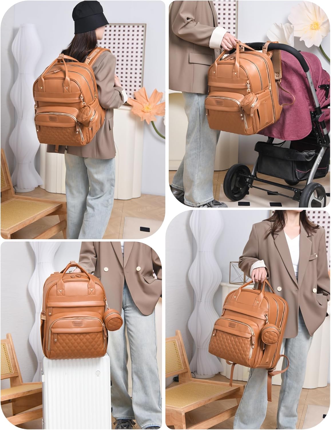 Diaper Bag Backpack, Multifunction Waterproof Diaper Bag for Baby, with Diaper Changing Station, Newborn Essentials Must Haves, Baby Portable Bag, Unisex, Brown Vegan Leather