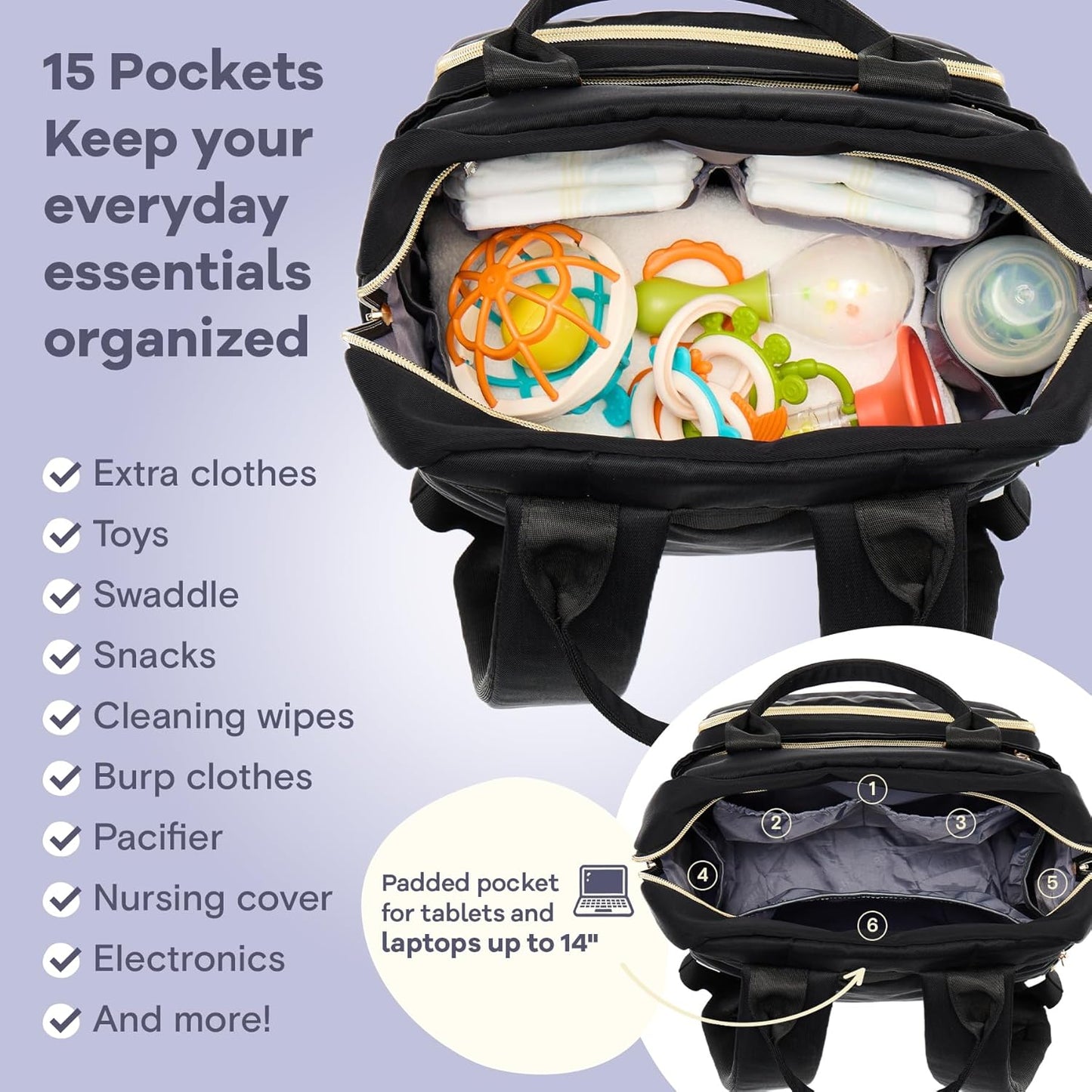 RUVALINO Diaper Bag Backpack, Multifunction Travel Pack Maternity Baby Changing Bags, Large Capacity, Waterproof, Deep Black, Polyester
