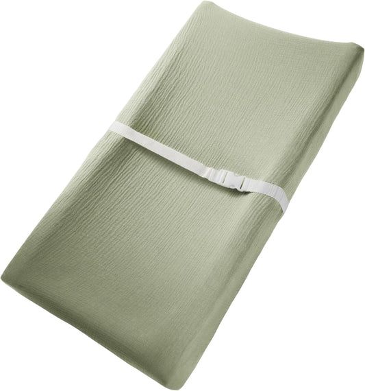 Comfy Cubs Muslin Fitted Changing Pad Cover - Soft, Breathable & Washable 100% Cotton Fitted Sheet for Baby's Comfort - Universal Fit for Flat & Curved Baby Changer Pad - Sage