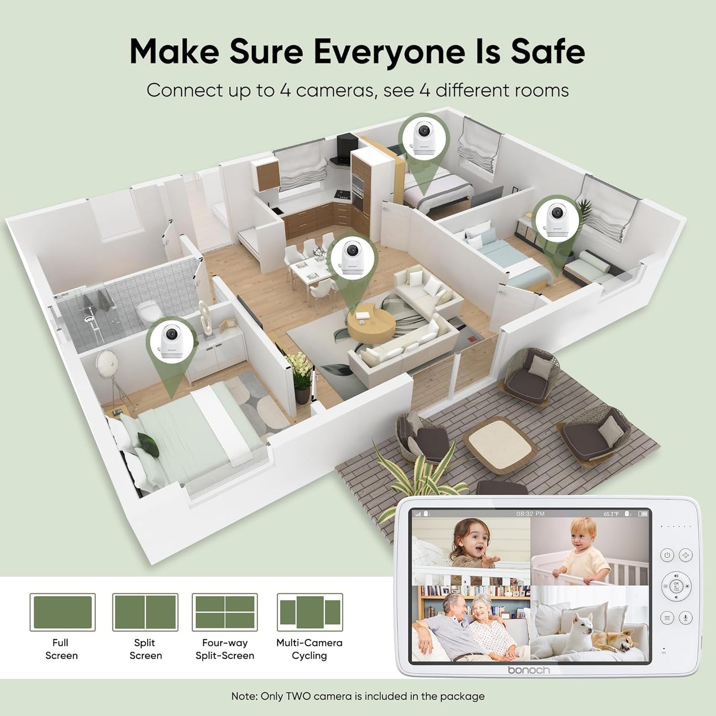 bonoch MegaView Baby Monitor No WiFi, 10" 720p Video Baby Montior with Camera and Audio, Up to Quad Split Screen, 10000mAh Battery, VOX Mode, Remote PTZ, Night Vision, for Multi-Child, Pets, Elderly