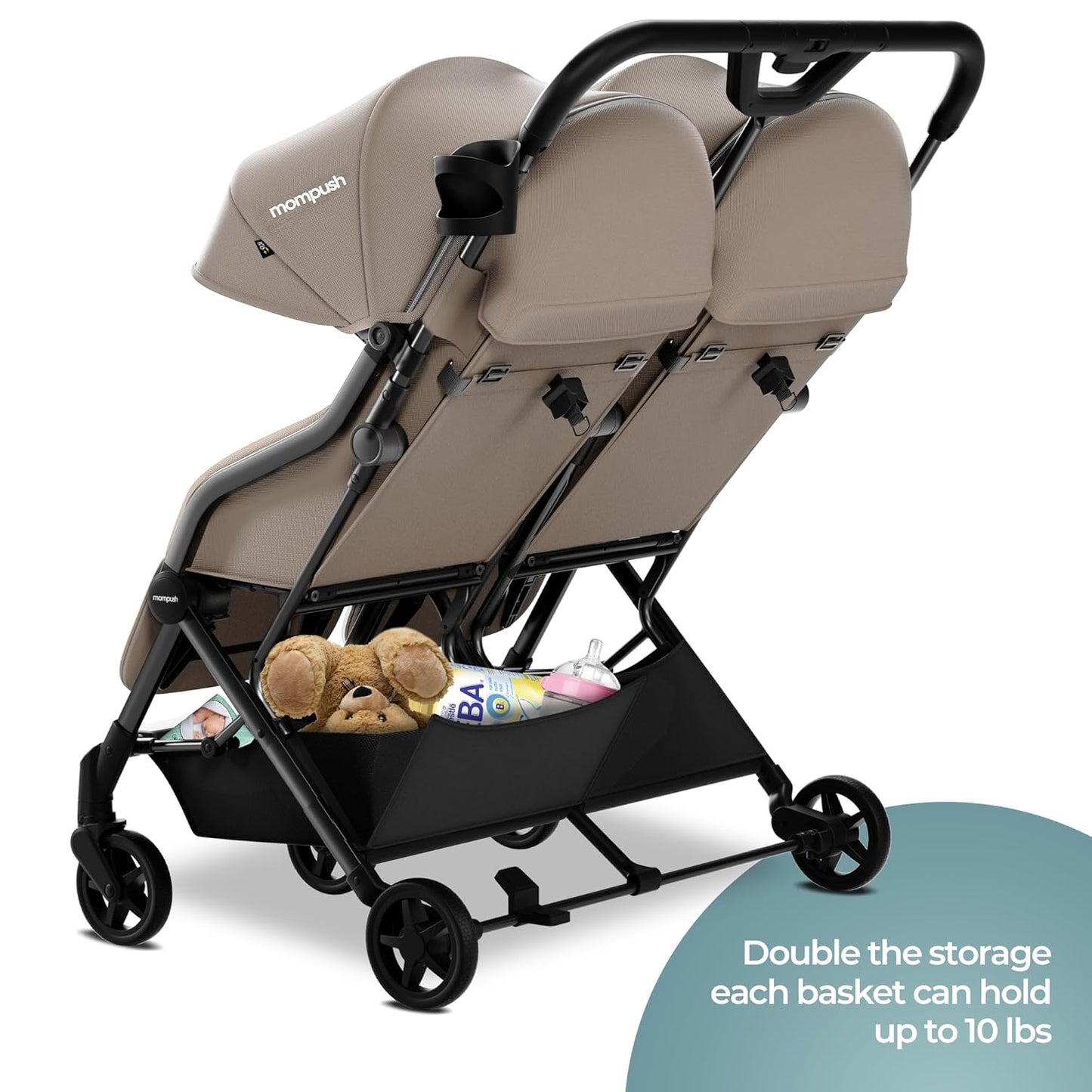 Mompush Lithe Double Stroller, Lightweight Side by Side Stroller for Newborn and Toddler, Easy Fold, Spacious Seats with Recline, UPF50+ Canopy