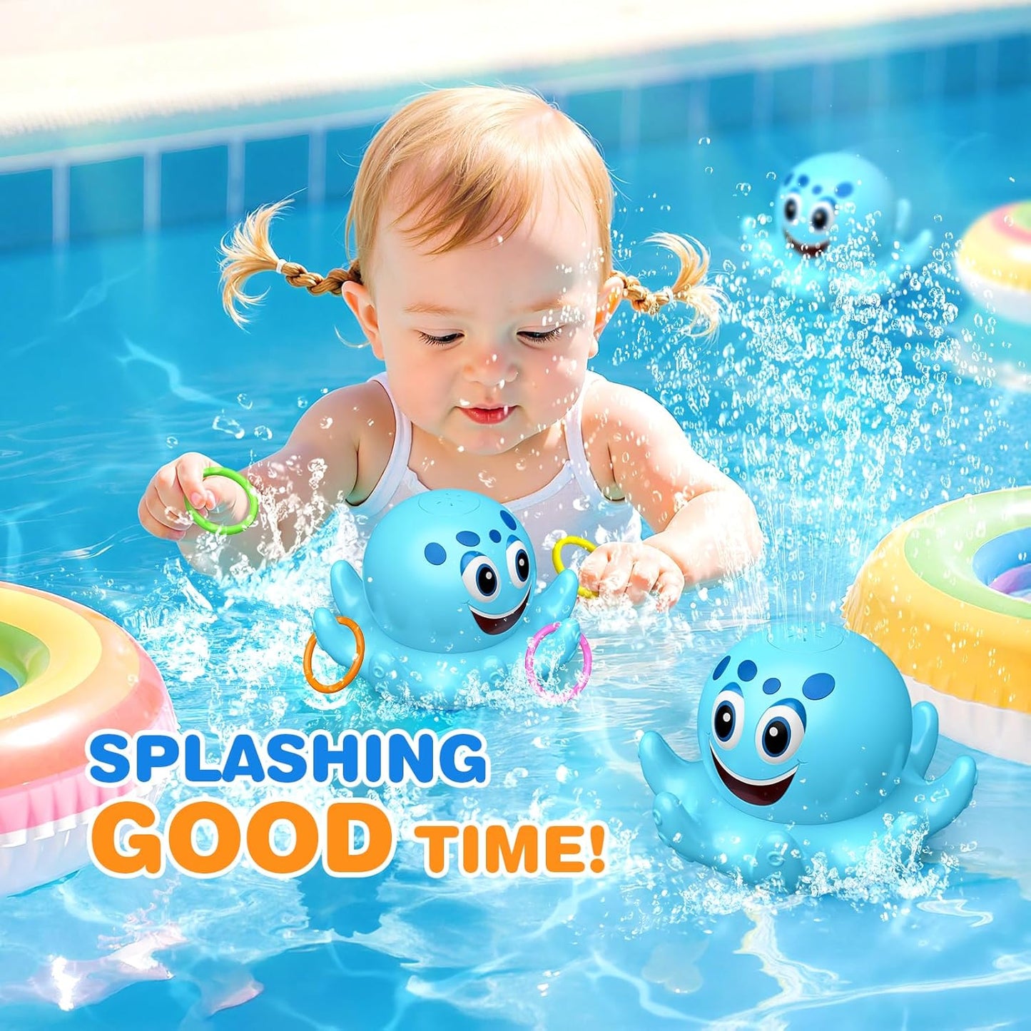 Octopus Bath Toys for Toddlers| Rechargeable Automatic Sprinkler Water Toys with LED Lights & 4 Toss Rings,150 Mins Battery Life,Baby Toys for 6-12 12-18 Months Gifts for Boys Girls 1-5 Years Old
