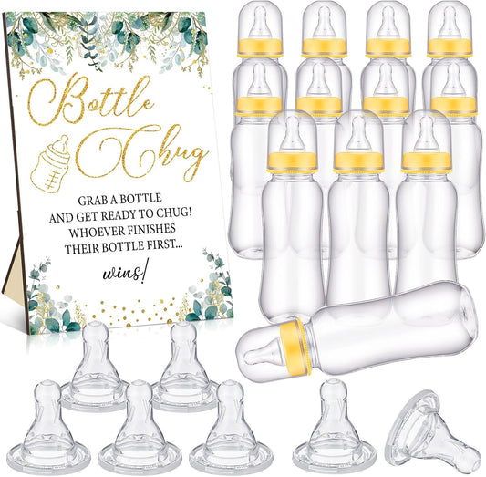 TrelaCo Greenery Cool Baby Shower Games Bottle Chug Sign Wooden Neutral Greenery Floral Gift Sets Gender Reveal Party Favors and 12 Pcs Baby Bottle Shower Favor for Games Gender Reveal