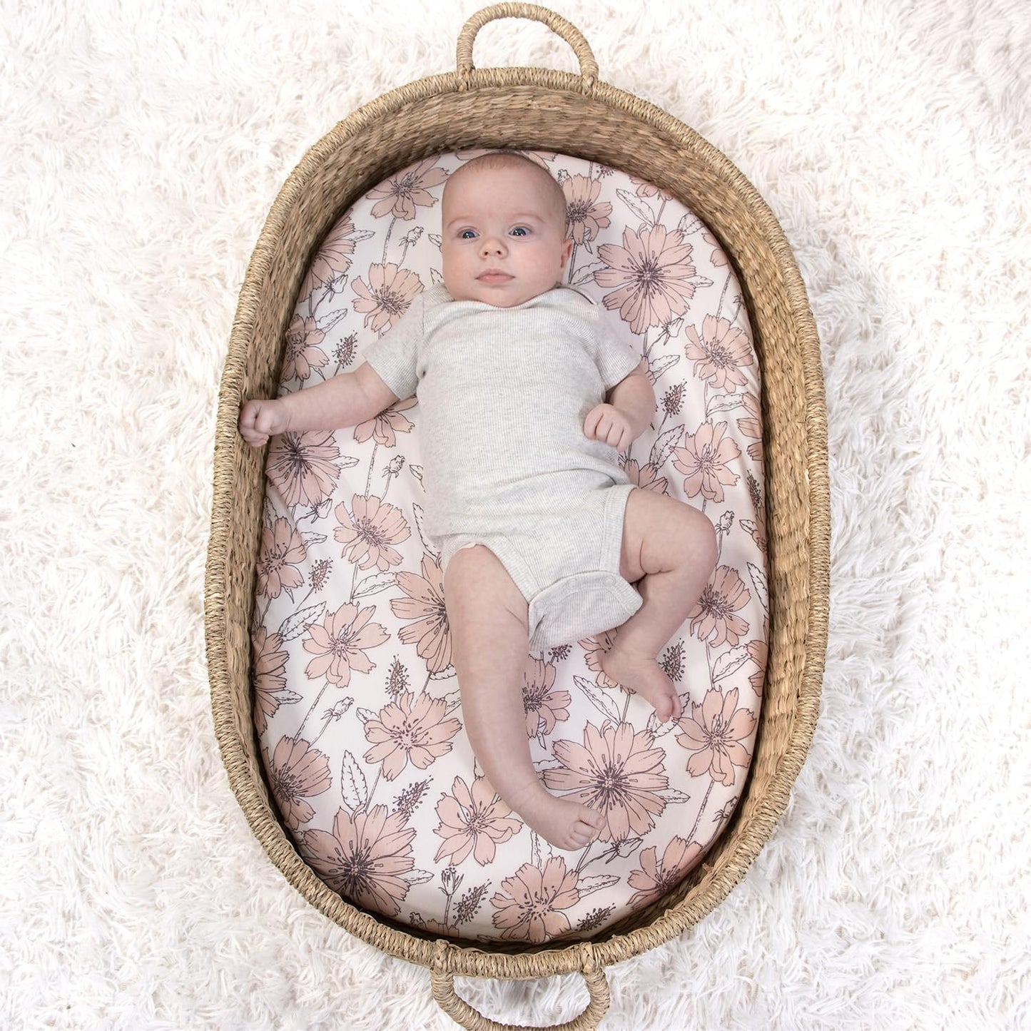 The Peanutshell Baby Organic Bassinet Sheets 4-Pack Unisex - Soft, Oval & Rectangle Baby Girls or Boys Sheet, 100% Jersey Cotton, Fitted Covers for Crib, Halo Bassinet Mattress - Cottage Floral
