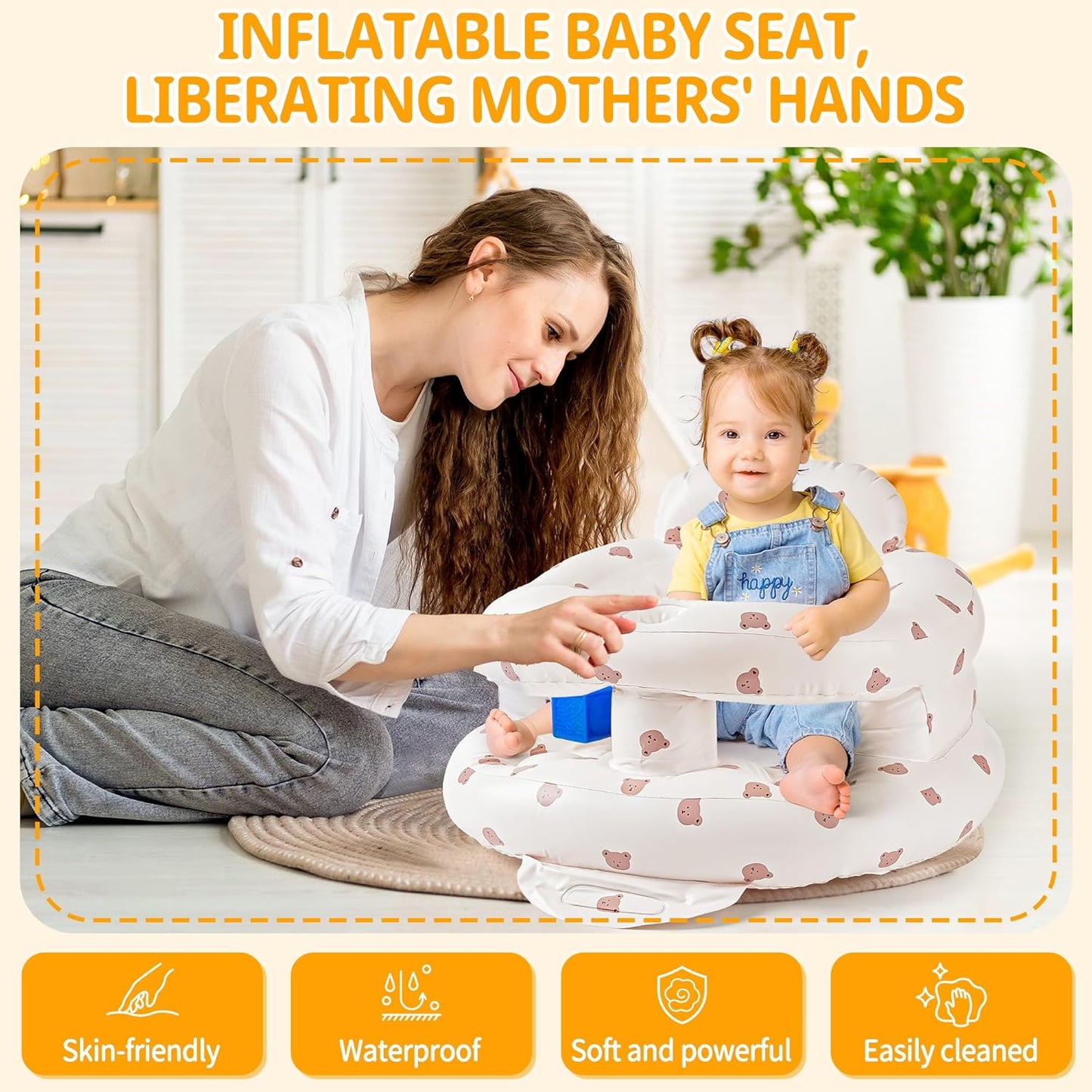 Inflatable Baby Seat for Babies 3-36 Months, Baby Chair with Fence & Built in Air Pump, Blow Up Floor Baby Seat with Back Support, Baby Sit Up Chair for Home, Travel (Bear-Large)
