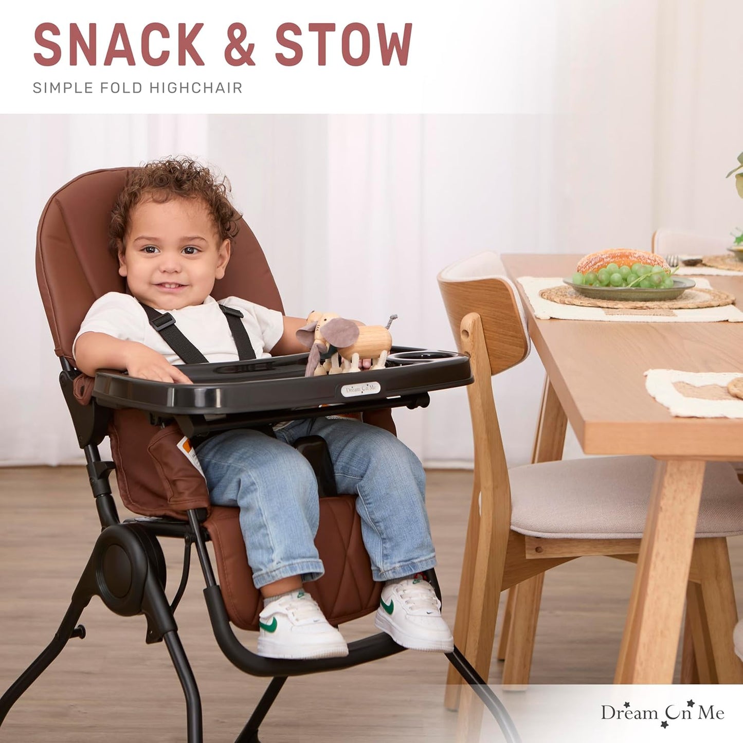 Dream On Me Snack and Stow Highchair | Adjustable Feeding Chair with Removable Tray, Lightweight, Foldable Design, Easy to Clean, Perfect for Toddlers & Infants