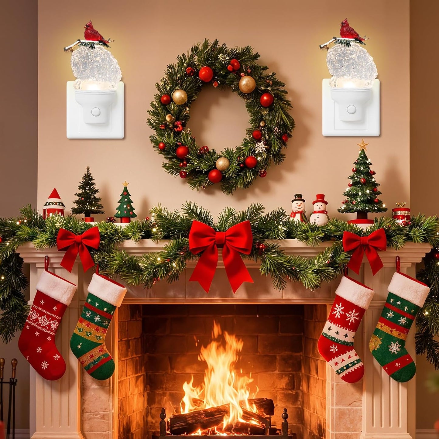 Christmas Night Light Plug into Wall Glitter Water Nightlight with USB/Outlet Options, Christmas Cardinal and Pinecone Decorative Nightlight for Bedroom Holiday Decorations (Cardinal and Pinecone)