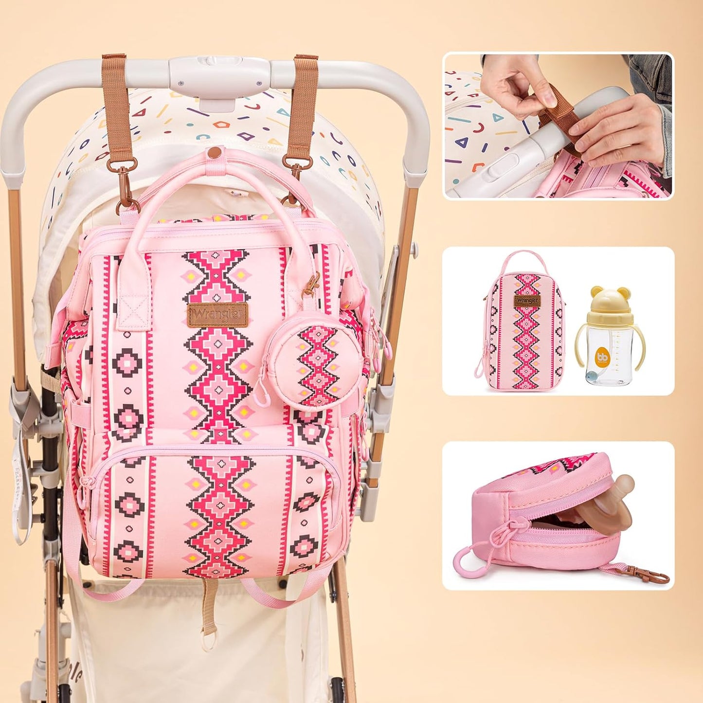 Montana West Wrangler Callie Diaper Bag Backpack with Pacifier Case, Crossbody Bottle Bag and Stroller Straps Western Pattern Multifunction Baby Travel Bag Set WG2215-9110PK