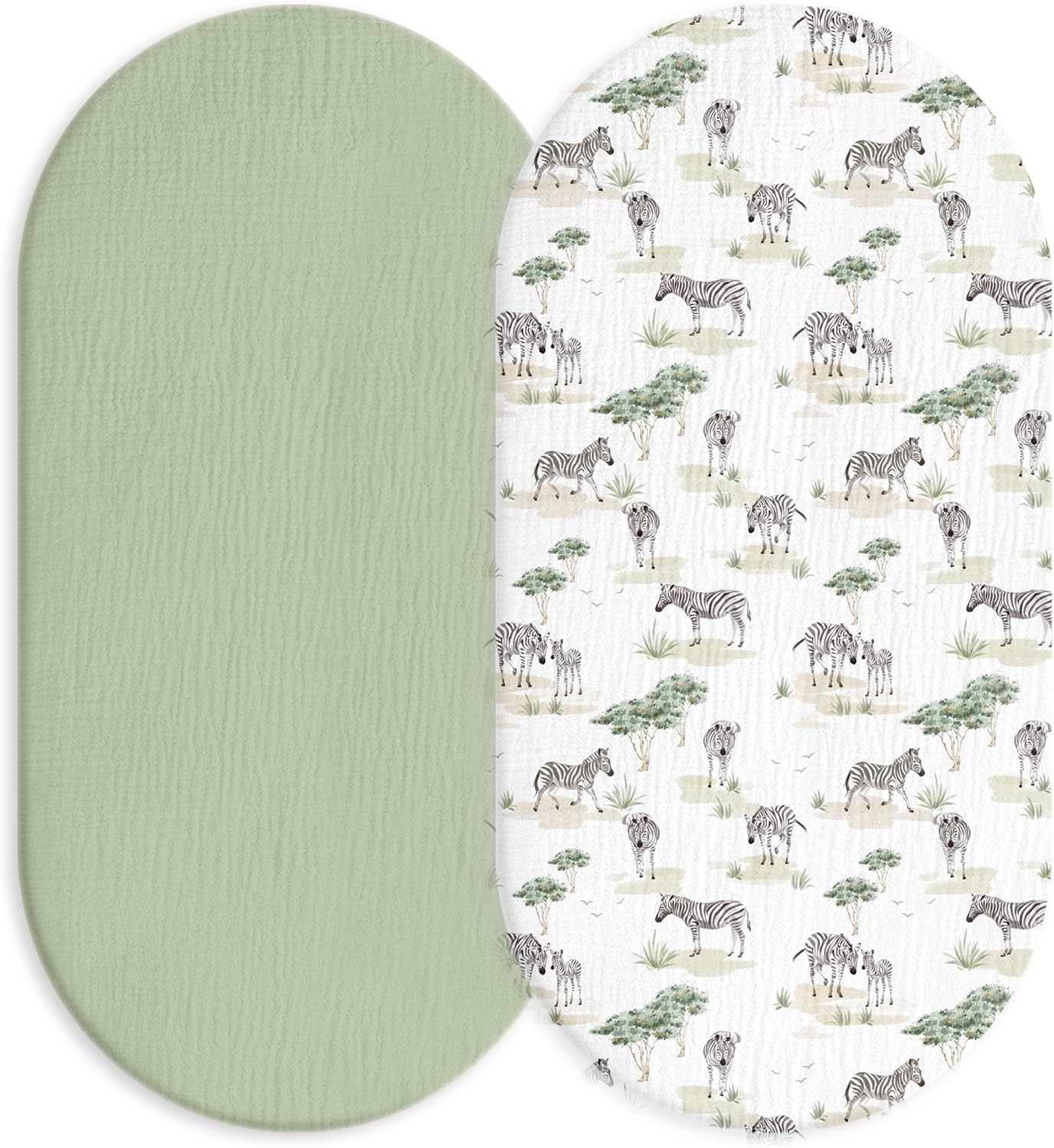 Muslin Bassinet Fitted Sheets, 2 Pack for Baby Boy and Girl, Soft Breathable Baby Pad/Mattress Sheet, Fit for Hourglass Oval and Rectangle Bassinet Mattress (Cute Zebra, Bassinet Sheets 2 Pack)