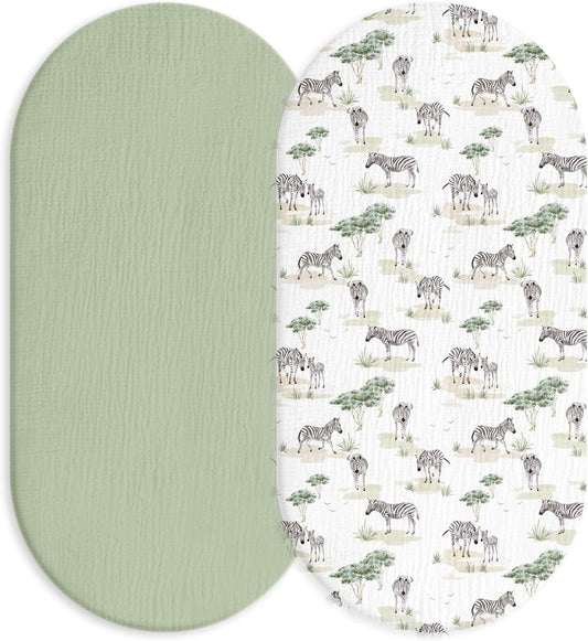 Muslin Bassinet Fitted Sheets, 2 Pack for Baby Boy and Girl, Soft Breathable Baby Pad/Mattress Sheet, Fit for Hourglass Oval and Rectangle Bassinet Mattress (Cute Zebra, Bassinet Sheets 2 Pack)
