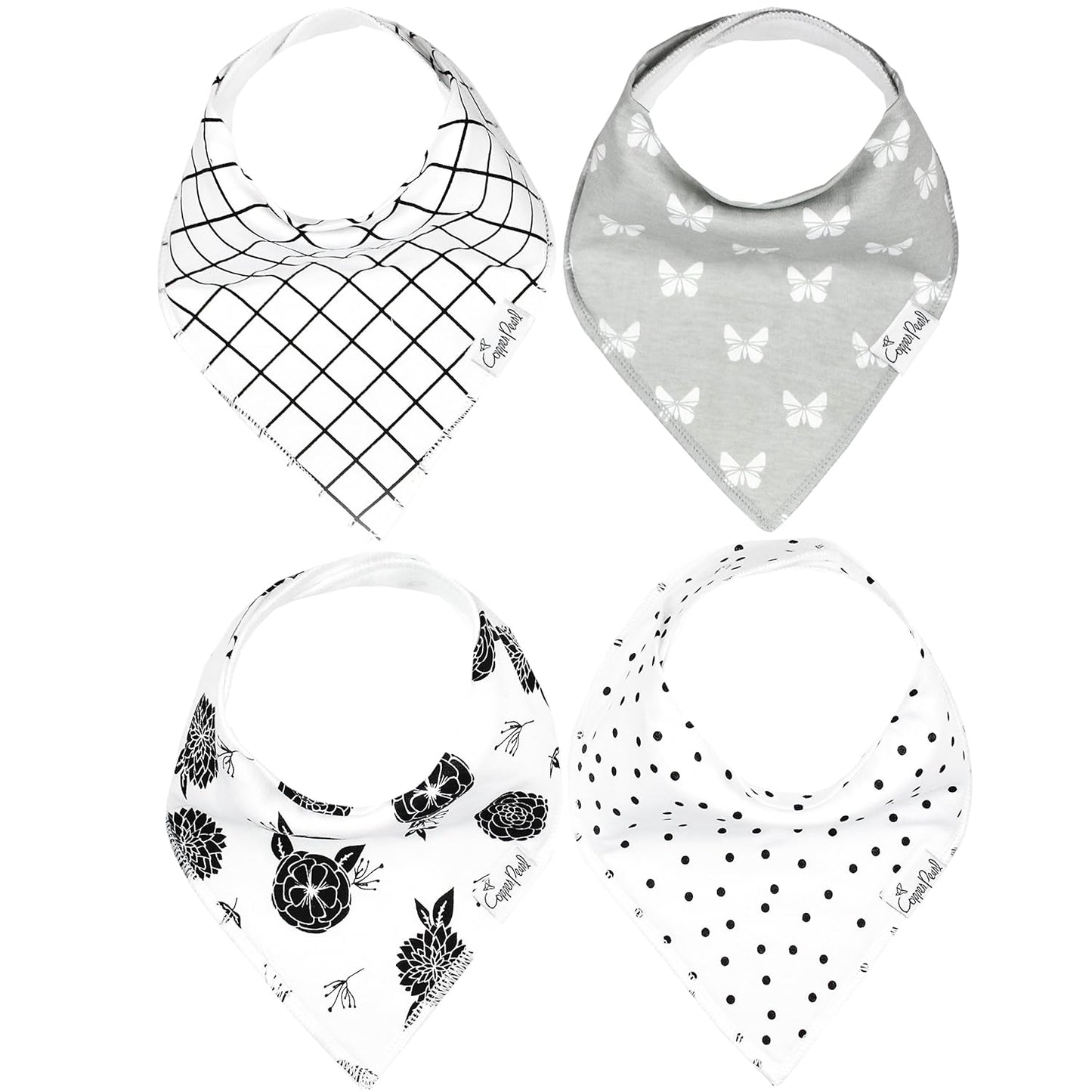 Copper Pearl 4 Pack Soft Cotton Baby Bibs for Drooling and Teething, Absorbent Drool Bibs for Baby Girl, Adjustable to Fit Newborns to Toddlers, Tons of Styles (Willow Set)