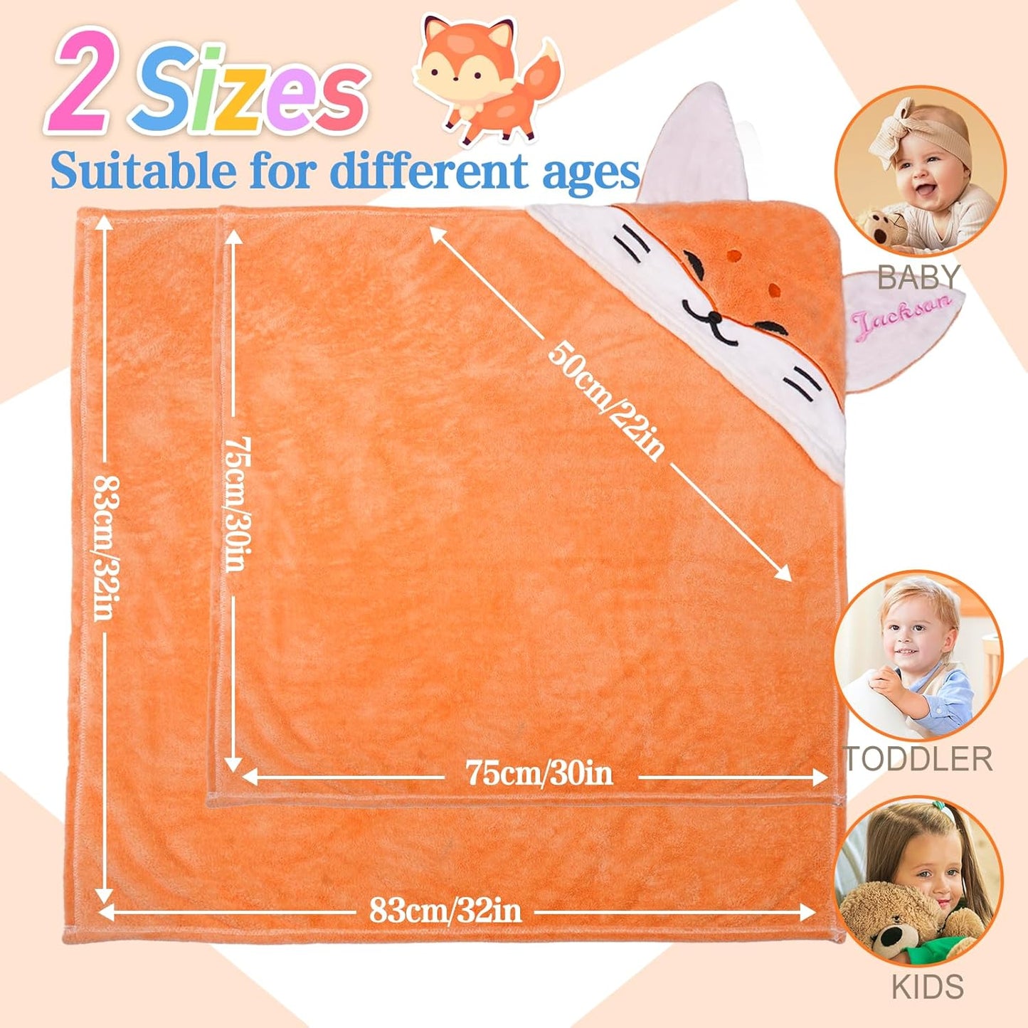Custom Hooded Bath Towel with Name, Personalized Highly Absorbent Bunny Towels, Baby Bath Towels for Girls Boys, Brithday for Baby, Toddler, Newborn (Orange-Fox)