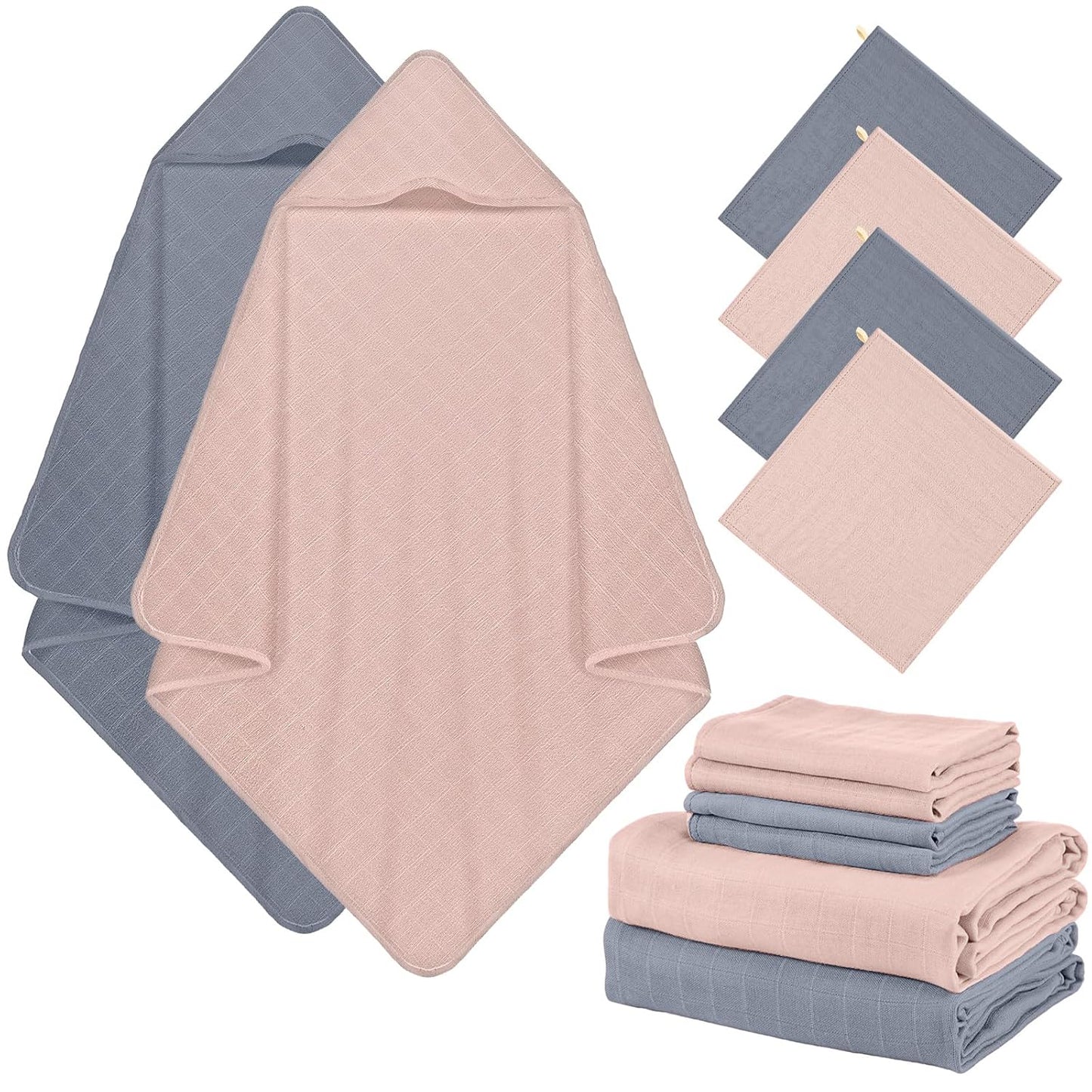 Preboun 6 Pcs Muslin Hooded Baby Towels and Washcloths 32"x 32" Cotton Newborn Bath Towel Anti-Shrink Infant Baby Blankets with Hood 12"x 12" Washcloths for Girl Boy Toddler(Blue,Light Purple)
